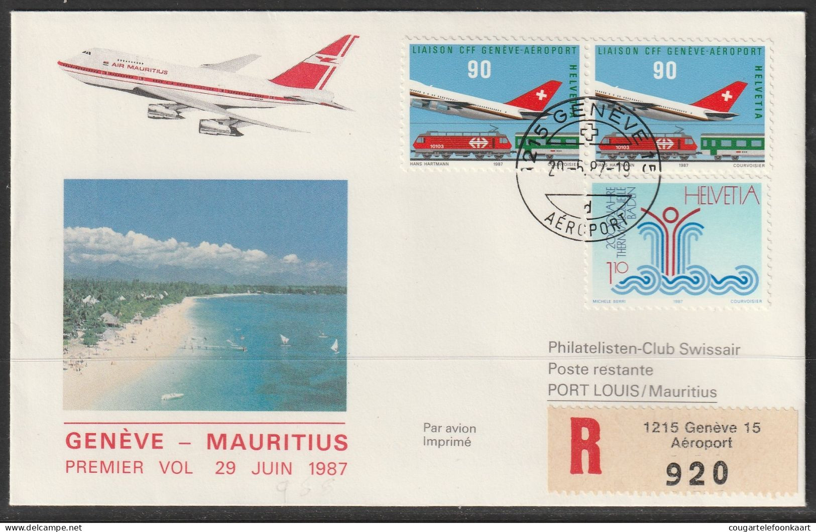 1987, Air Mauritius, Erstflug, Genf - Port Louis - Erst- U. Sonderflugbriefe
