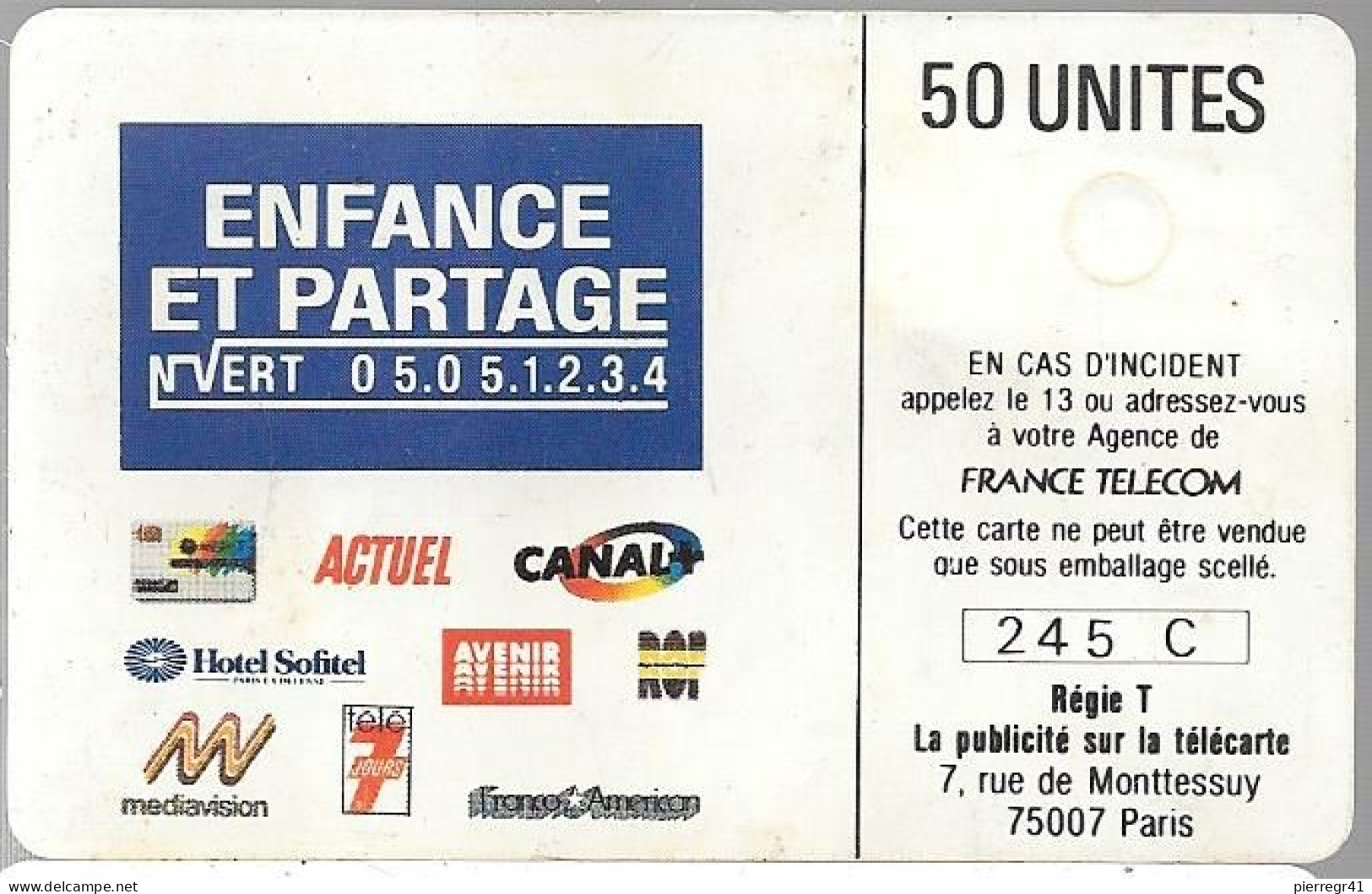 CARTE-PUBLIC-07/89-F84-50 U-GEM1-ENFANCE  ET PARTAGE-GARCON-V°N° 245C-UTILISEE-T BE - 1989