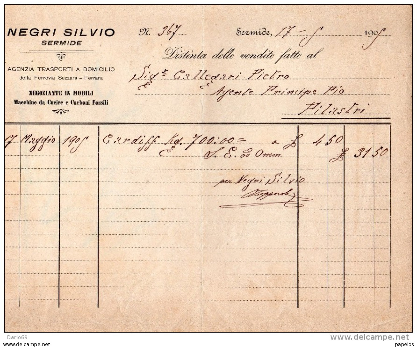 1909 SERMIDE MANTOVA - NEGRI SILVIO AGENZIA TRASPORTO A DOMICILIO - Italia