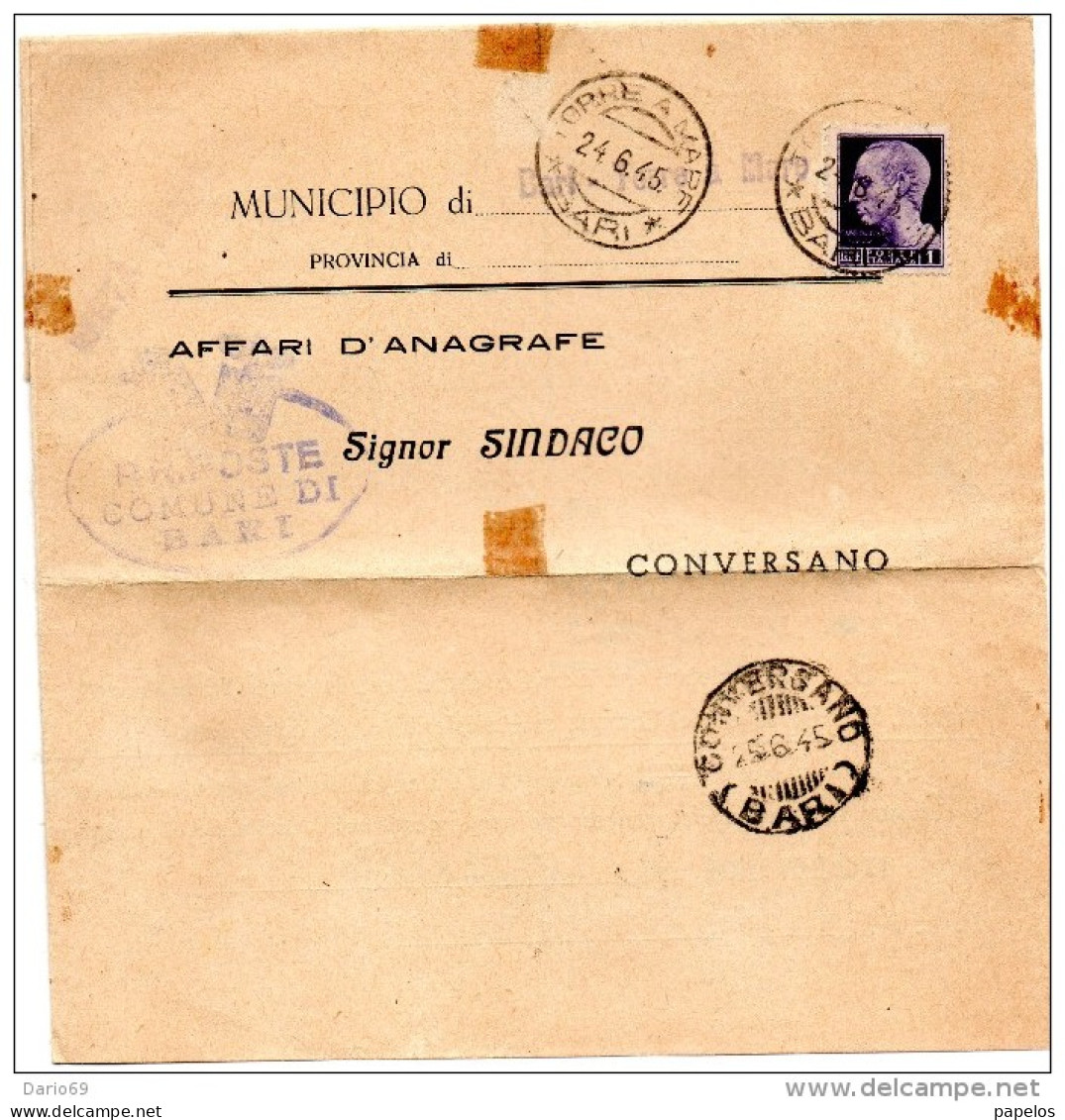 1945  LETTERA CON ANNULLO TORRE A MARE BARI - Marcofilía