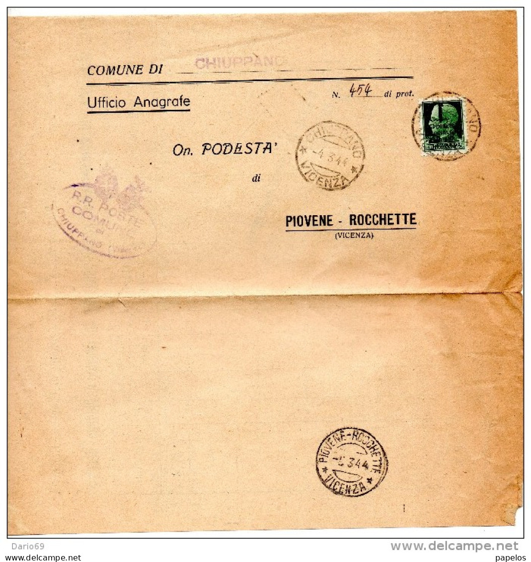 1944  LETTERA CON ANNULLO CHUPPANO  VICENZA - Marcophilie