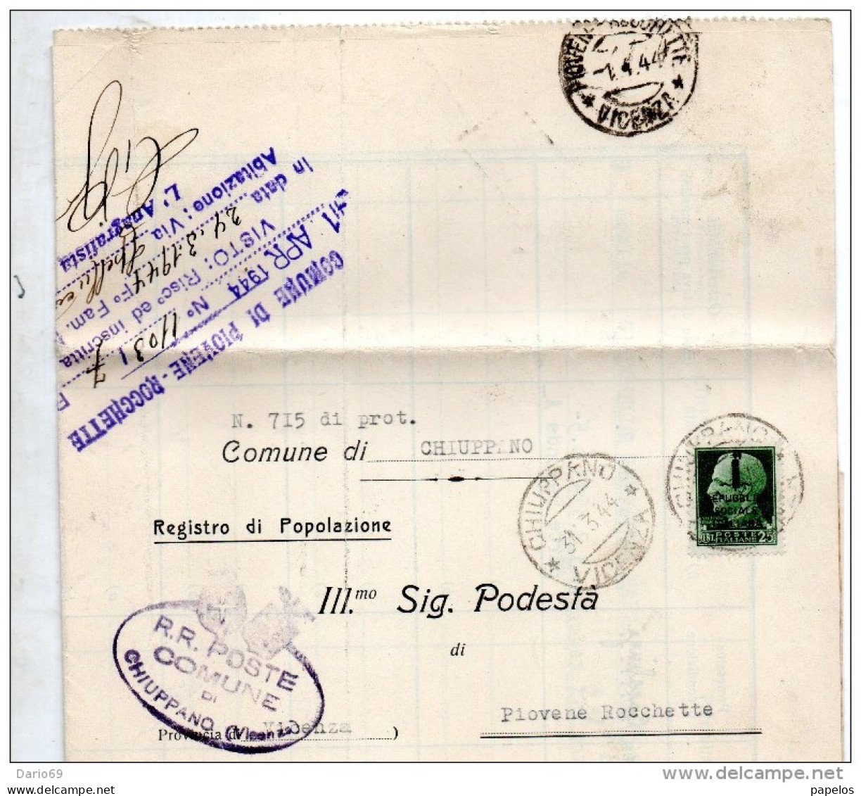 1944  LETTERA CON ANNULLO CHUPPANO  VICENZA - Marcophilie