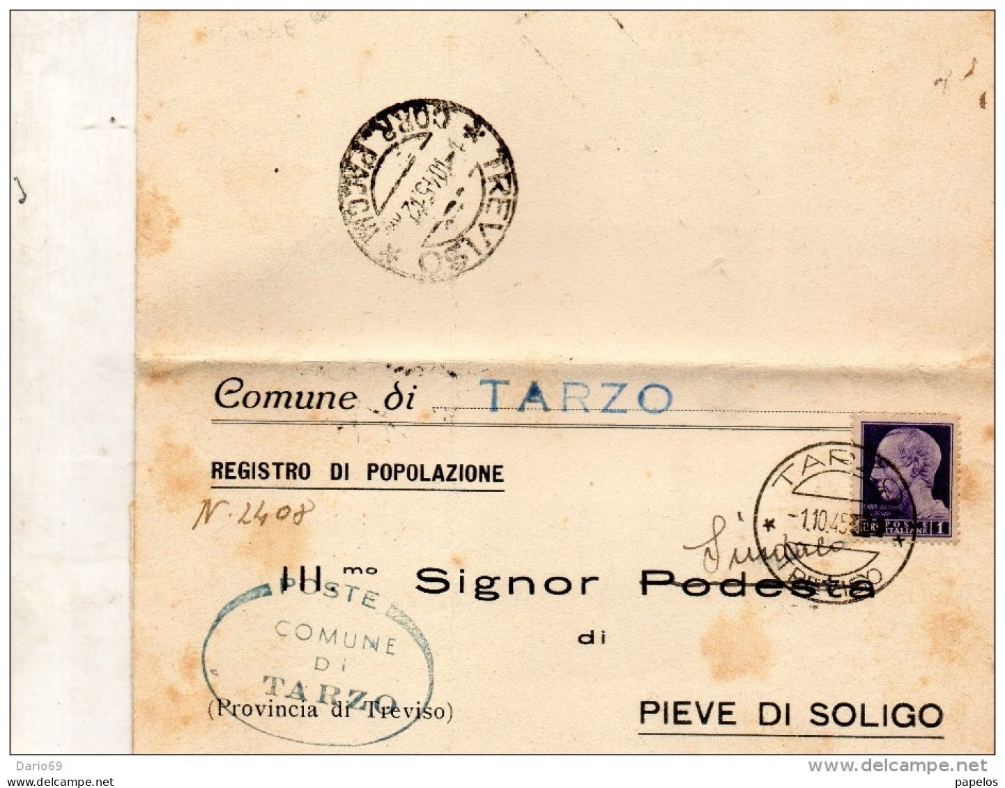 1945  LETTERA CON ANNULLO TARZO TREVISO - Poststempel