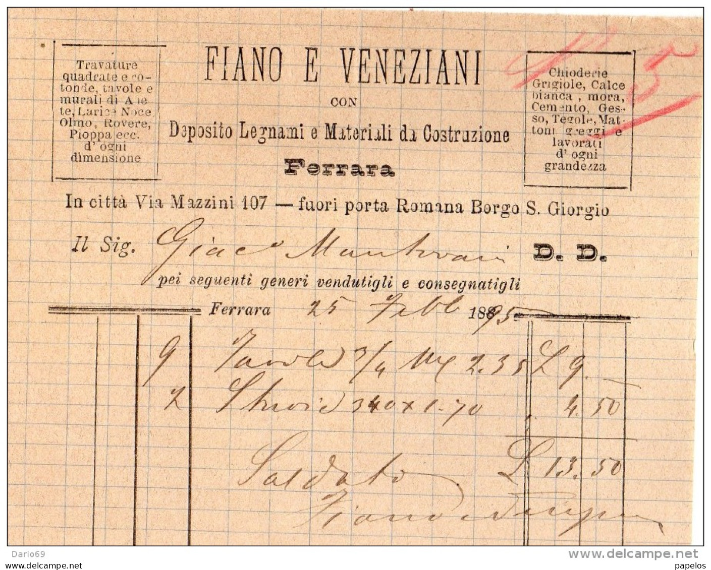 1895  FERRARA - FIANO E VENEZIANI MATERIALI DA COSTRUZIONI - Italia