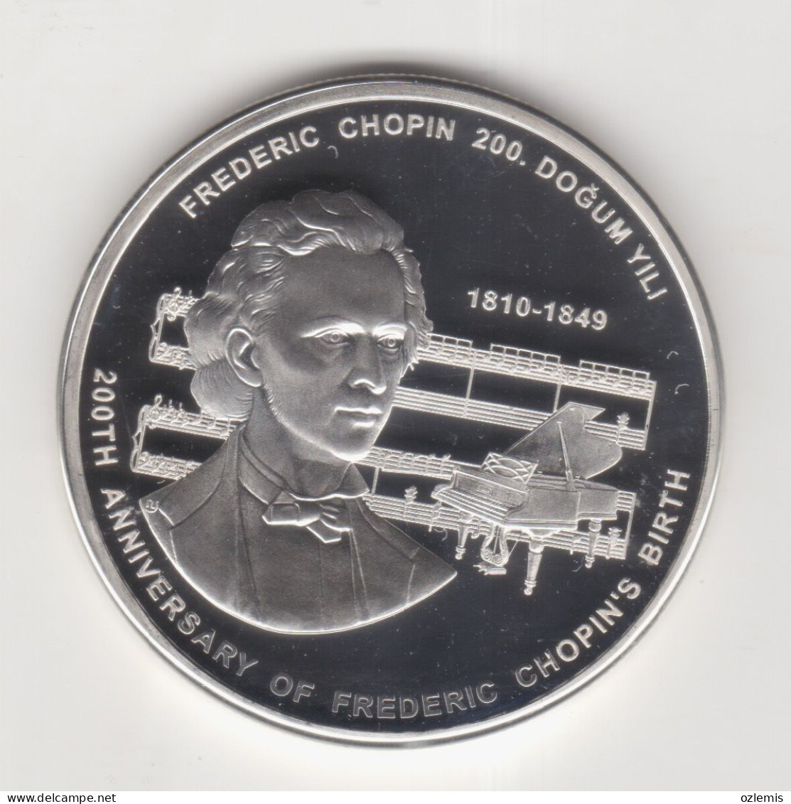 200 TH ,BIRTH YEAR OF ,FREDERIC CHOPIN ,COMMEMORATIVE ,SILVER ,COIN ,TURKEY,2009, PROFF UNC - Turquie