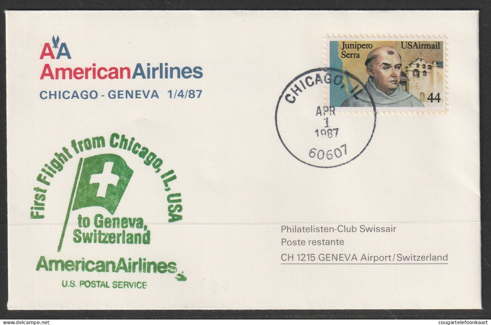 1987, American Airlines, Erstflug, Chicago - Genf - 3c. 1961-... Covers