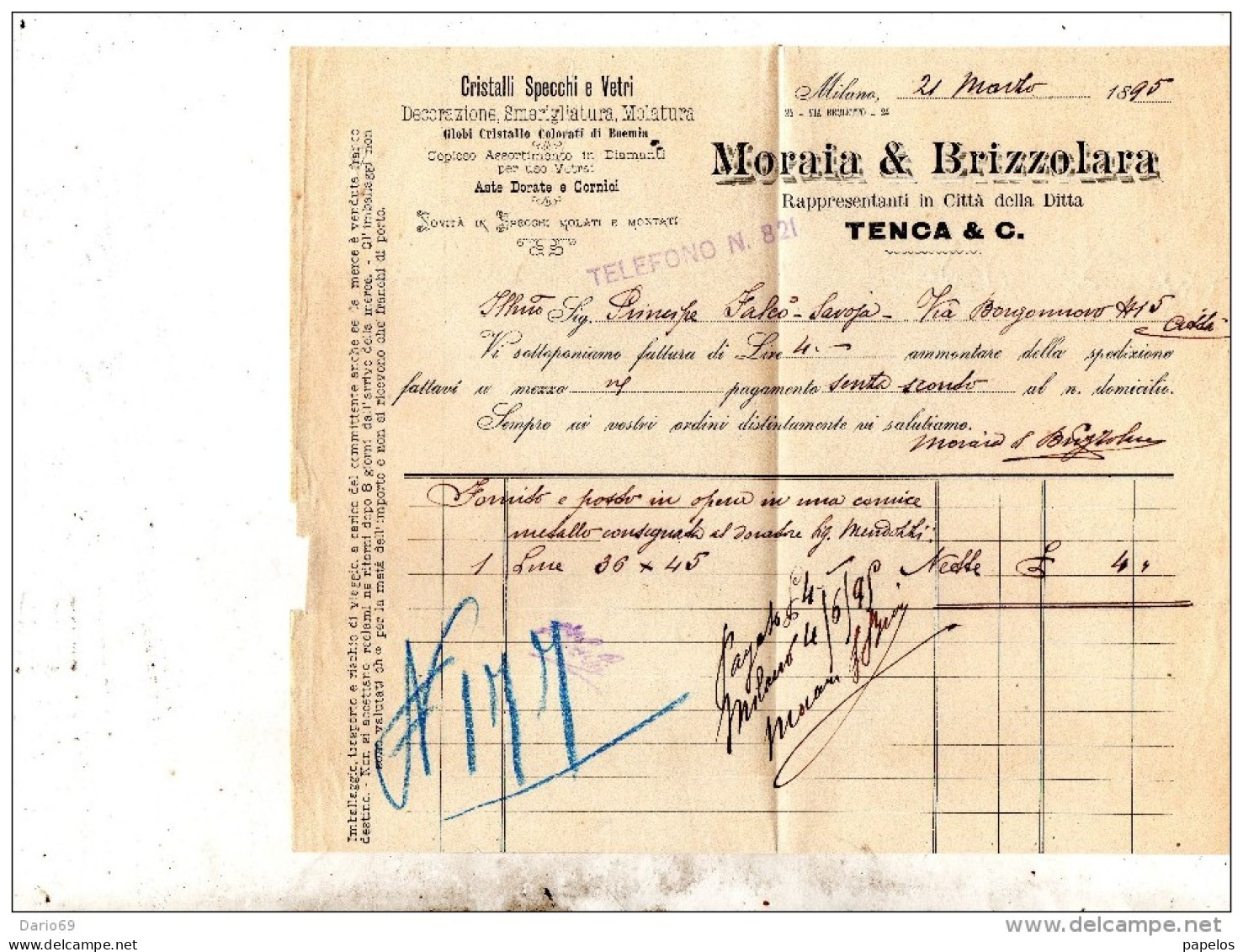 1895 MILANO -  CRISTALLI SPECCHI E VETRI MORAIA & BRIZZOLARA - Italia