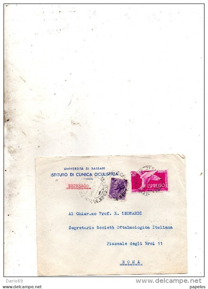 1956 LETTERA  ESPRESSO INTESTATA UNIVERSITÀ DI SASSARI CLINICA OCULISTICA  CON ANNULLO SASSARI - Posta Espressa/pneumatica