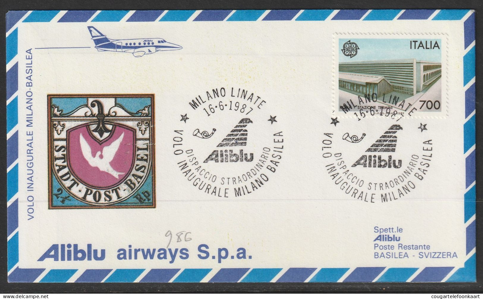 1987, Alitalia, Erstflug, Milano - Basel - Luftpost