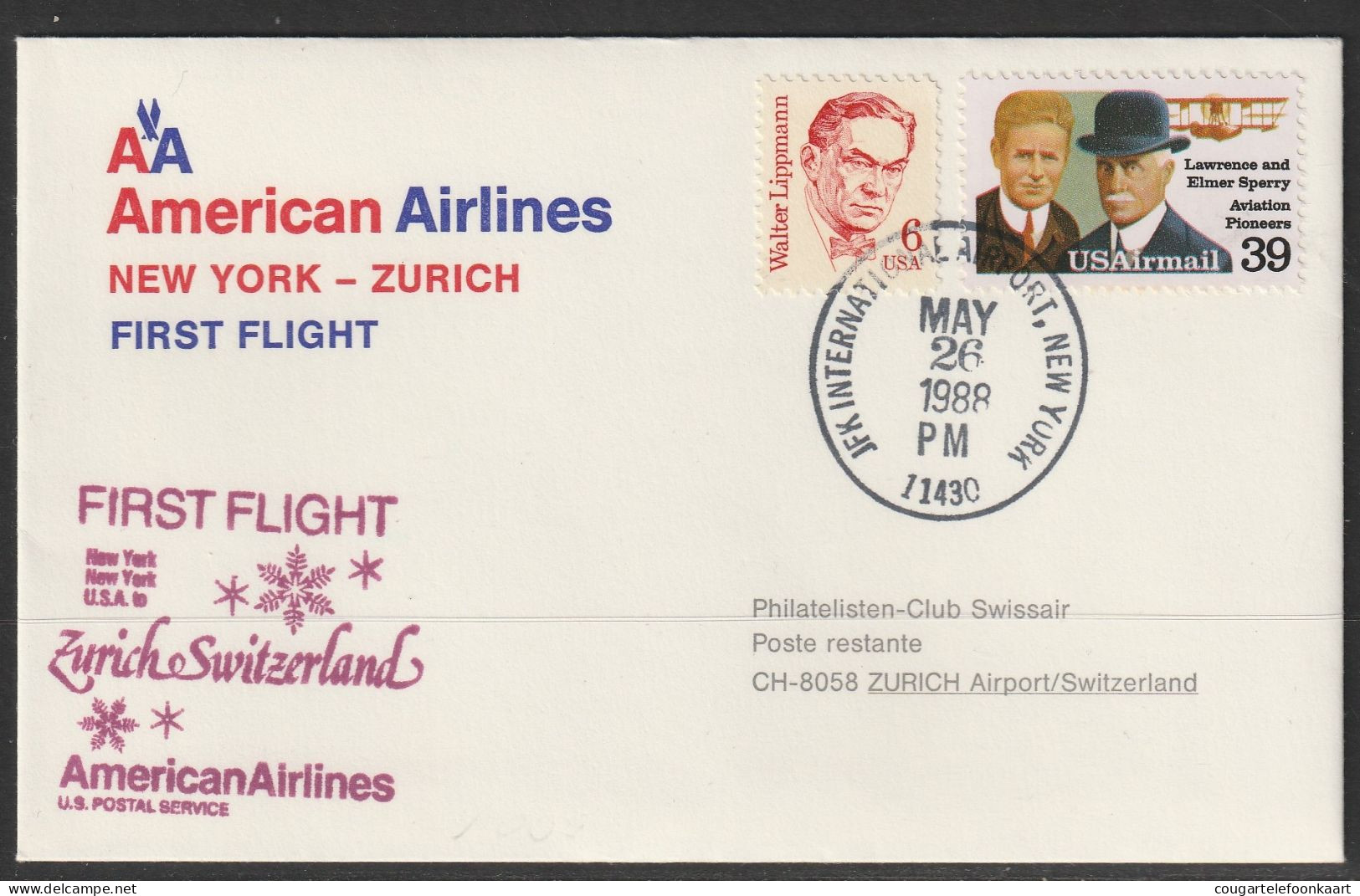 1988, American Airlines, Erstflug, New York JFK - Zürich - 3c. 1961-... Brieven