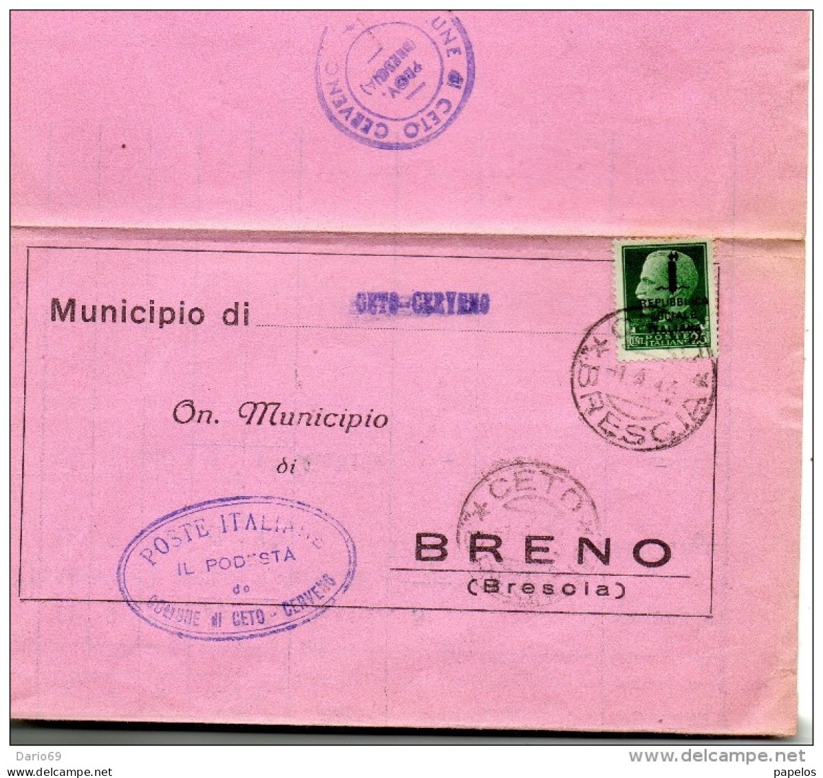 1944 LETTERA CON ANNULLO CETO CERVENO  BRESCIA - Marcofilía