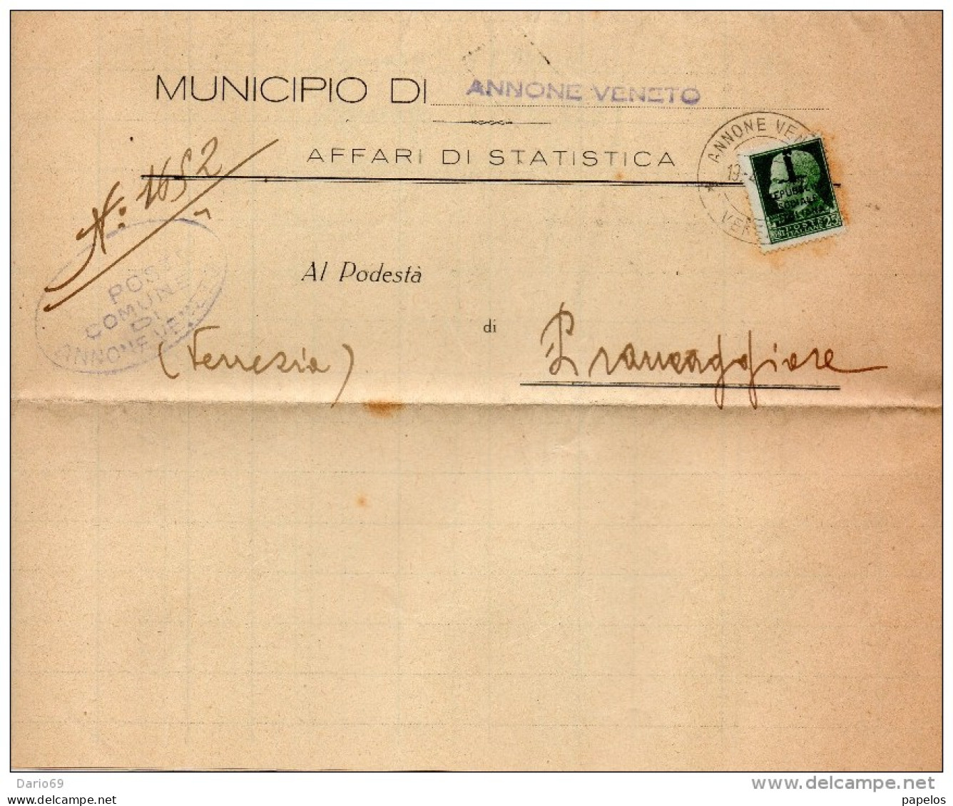 1944 LETTERA CON ANNULLO ANNONE VENETO VENEZIA - Marcophilie