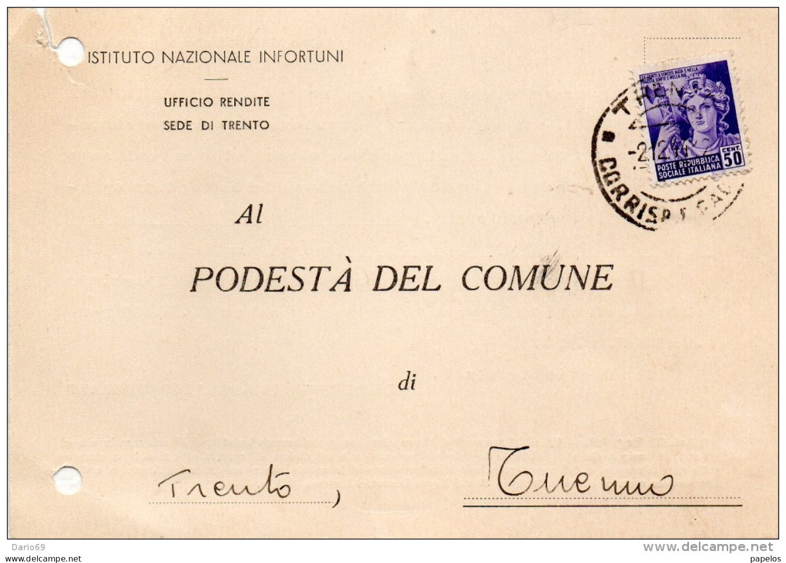 1945 CARTOLINA CON ANNULLO TRENTO - Marcophilia