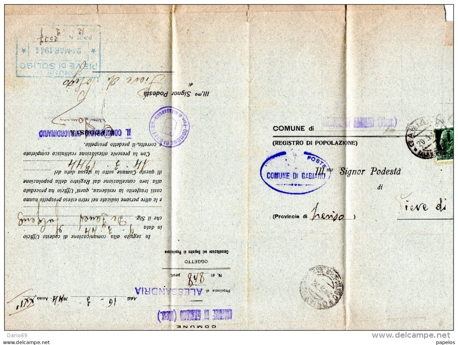 1944 LETTERA CON ANNULLO GABIANO ALESSANDRIA + PIEVE DI SOLIGO  TREVISO - Marcofilía