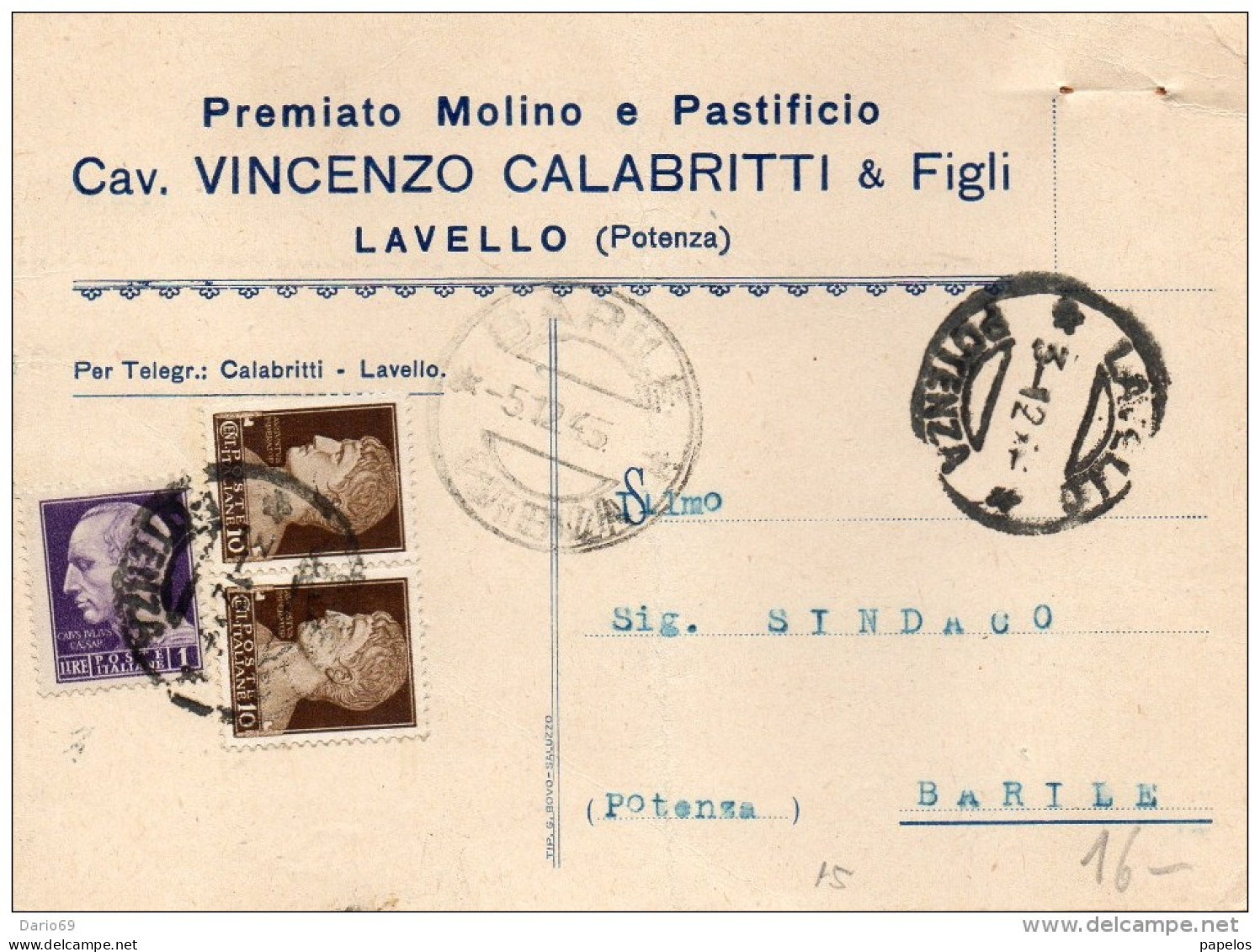 1945 CARTOLINA INTESTATA MOLINO  E PASTIFICIO VINCENZO CALABRITTI  LAVELLO POTENZA - Poststempel