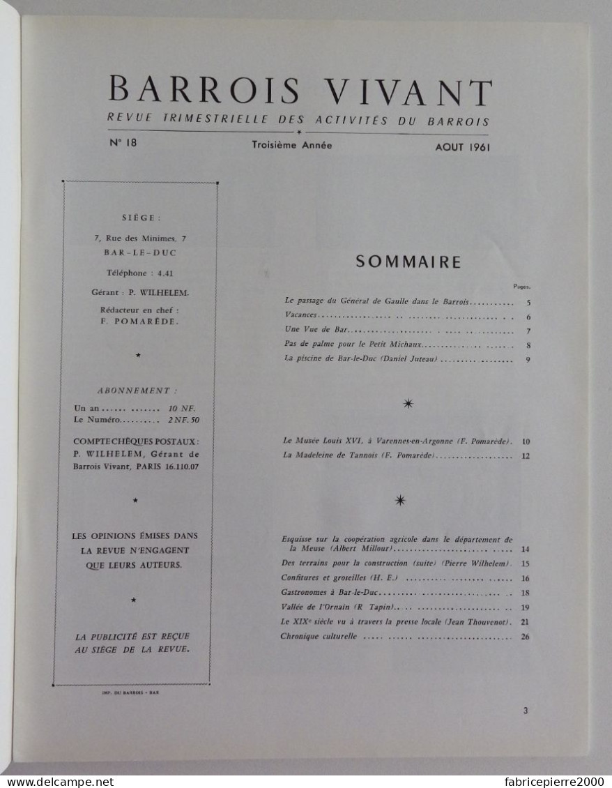 BARROIS VIVANT N°18 1961 EXCELLENT ETAT Bar-le-Duc Meuse Général De Gaulle - Lorraine - Vosges