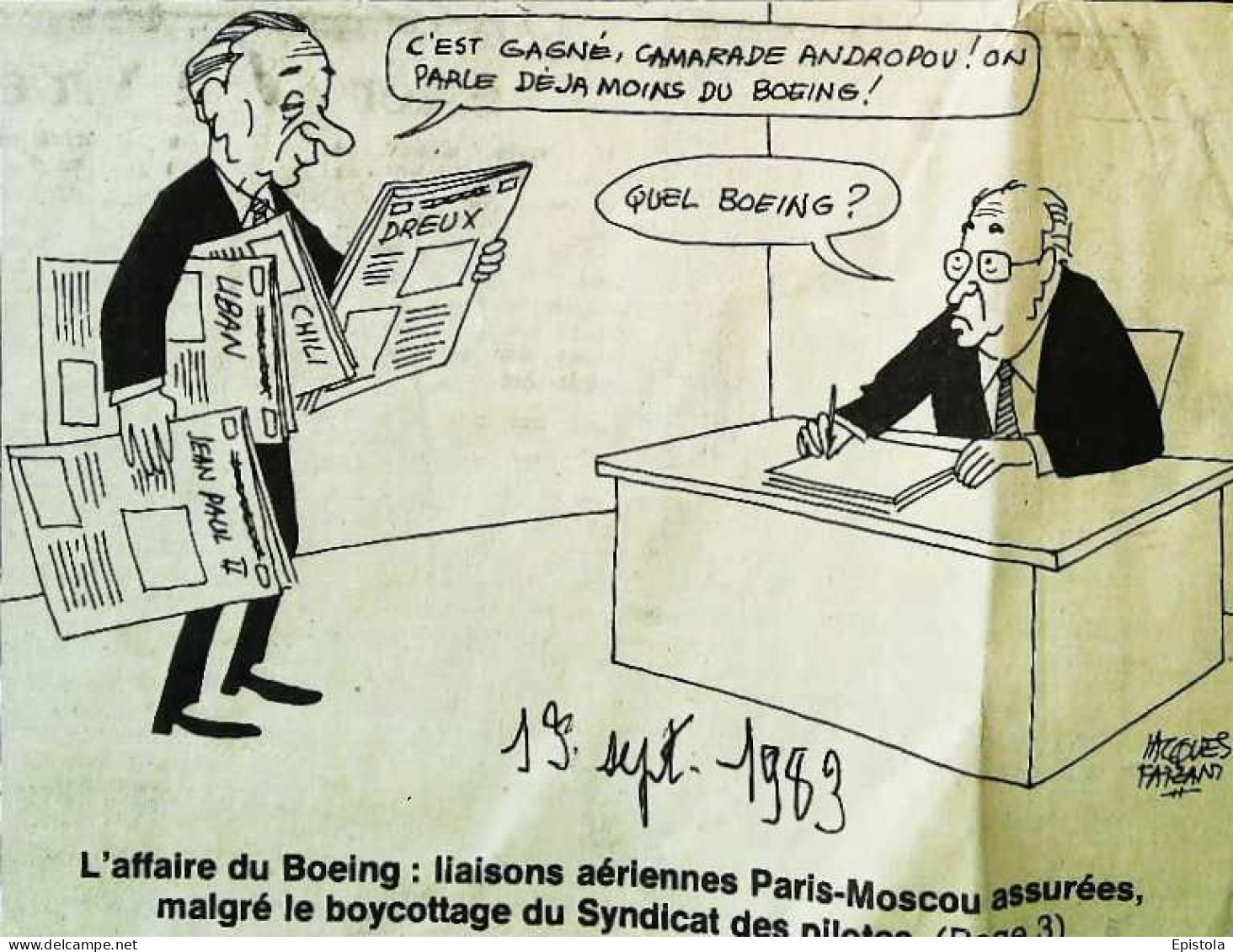 ► Coupure De Presse  Quotidien Le Figaro Jacques Faisant 1983   Boeing Paris Moscou Boycottage Syndicat Pilotes - 1950 à Nos Jours