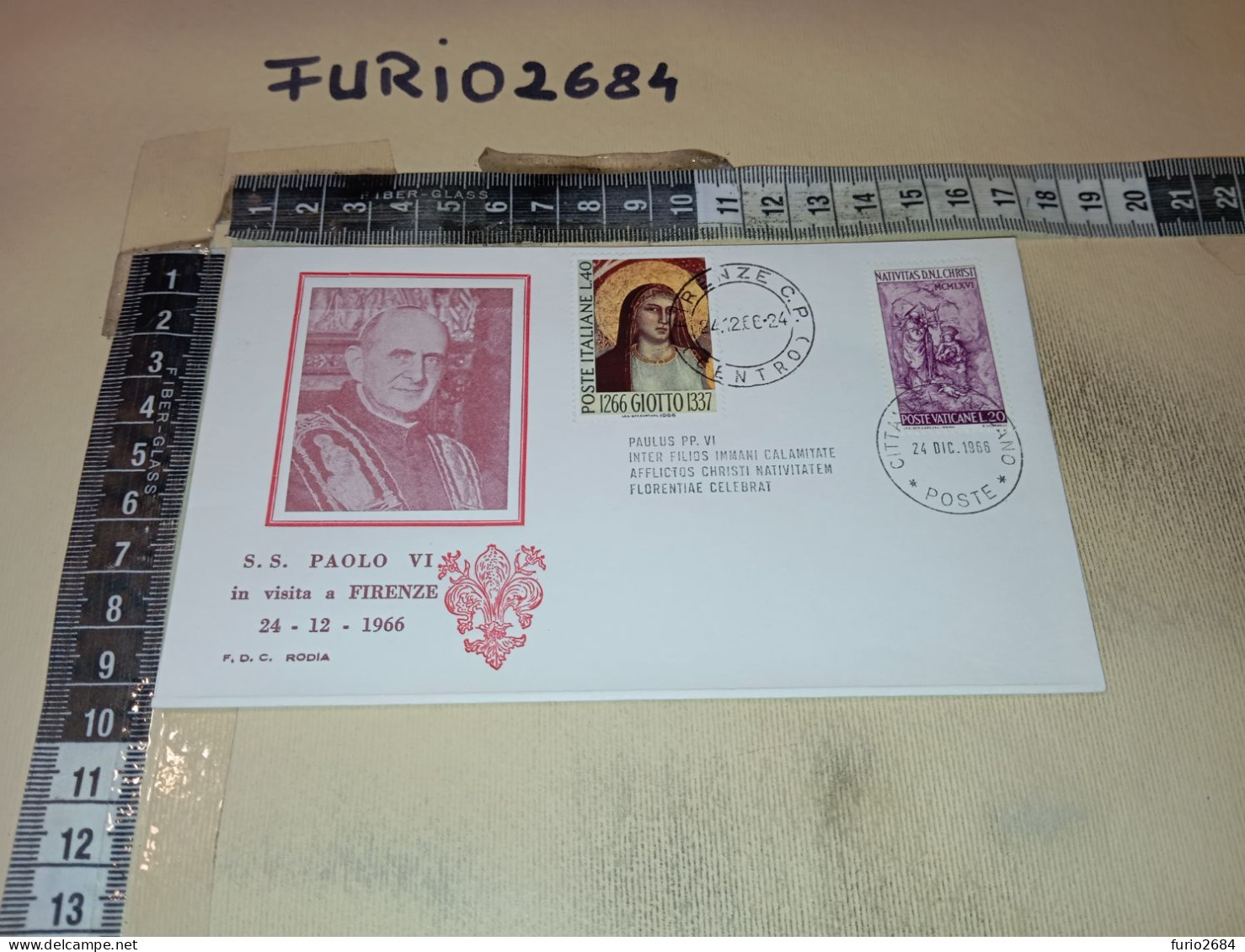 HB12542 FDC RODIA TIMBRO ANNULLO CITTA' DEL VATICANO 1966 PAPA PAOLO VI IN VISITA A FIRENZE - FDC