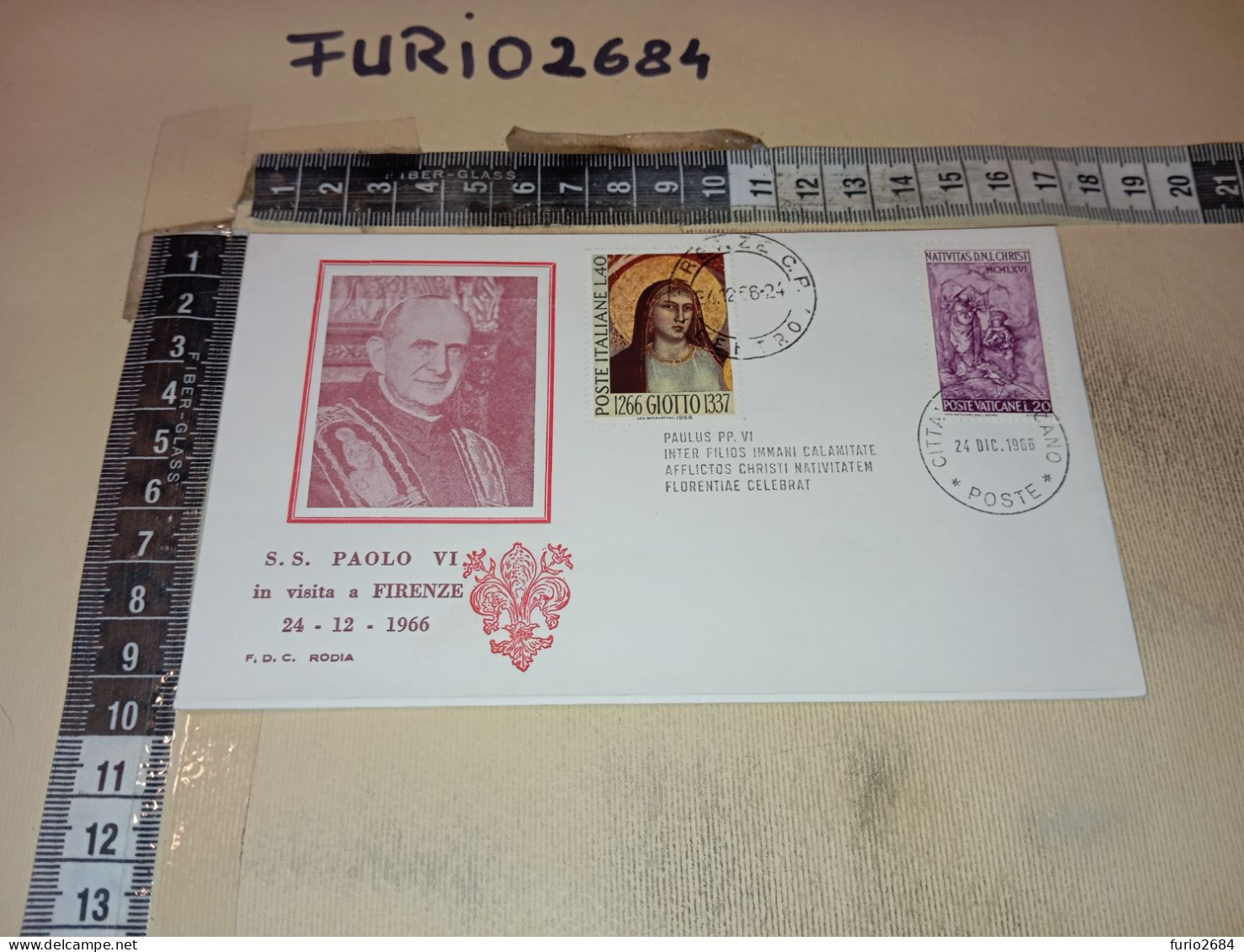 HB12543 FDC RODIA TIMBRO ANNULLO CITTA' DEL VATICANO 1966 PAPA PAOLO VI IN VISITA A FIRENZE - FDC