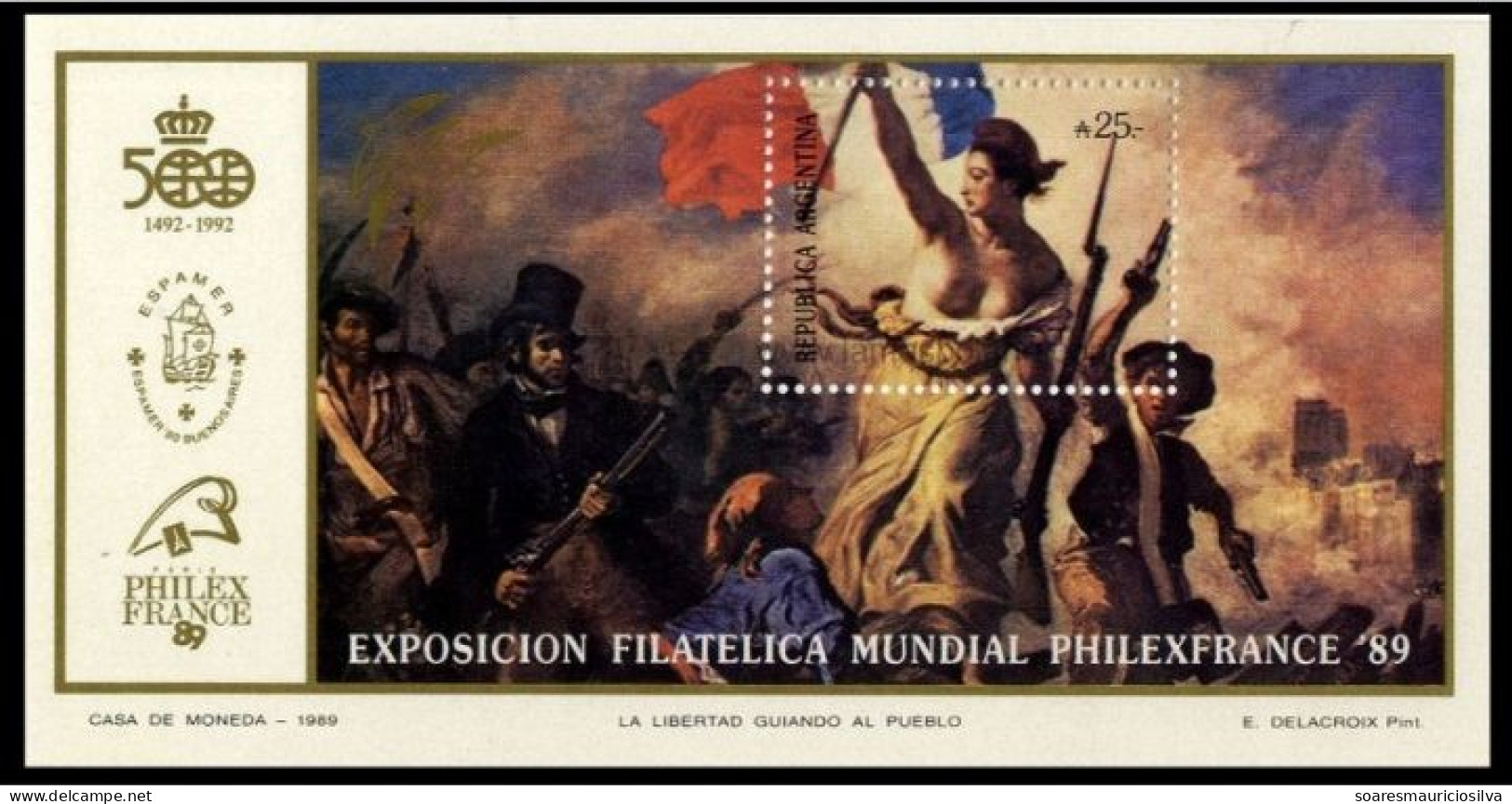 Argentina 1989 Souvenir Sheet Philexfrance Painter Eugène Delacroix Painting Liberty Leading The People Mint - Blocchi & Foglietti