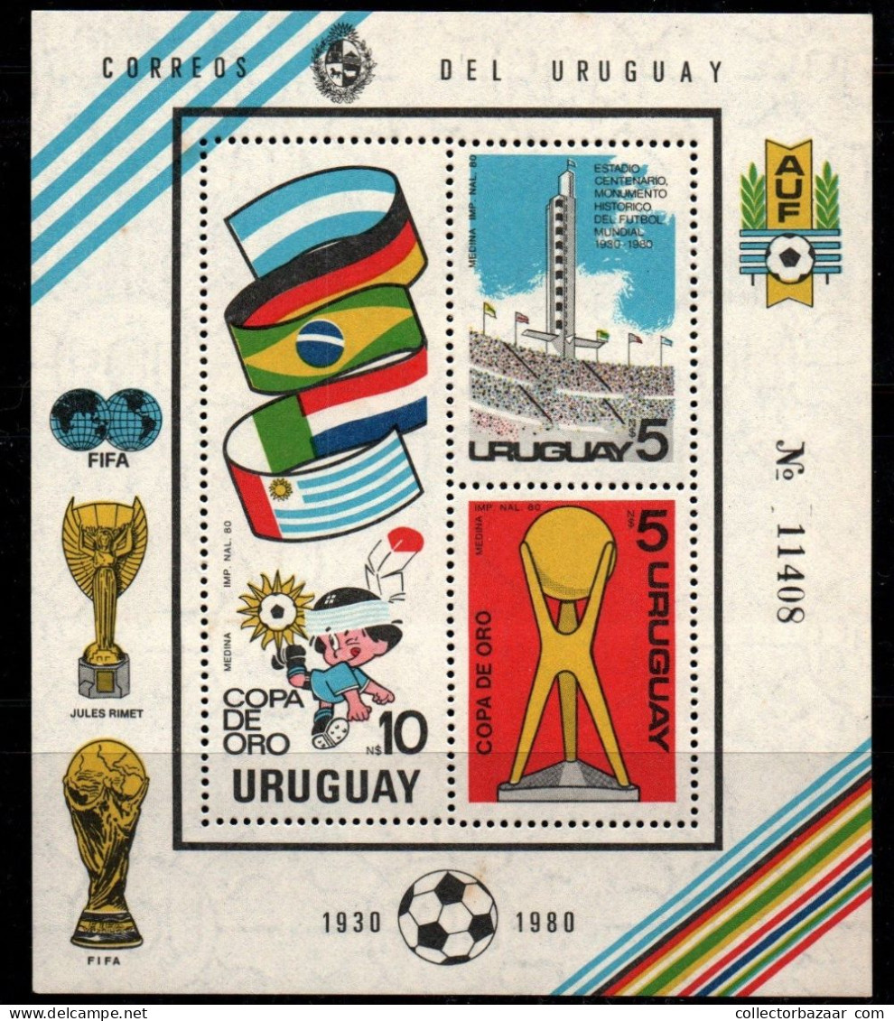 1980 Uruguay Souvenir Sheet Centenario Stadium Soccer Gold Cup And Flags  #1092 - 1094  ** MNH - Uruguay