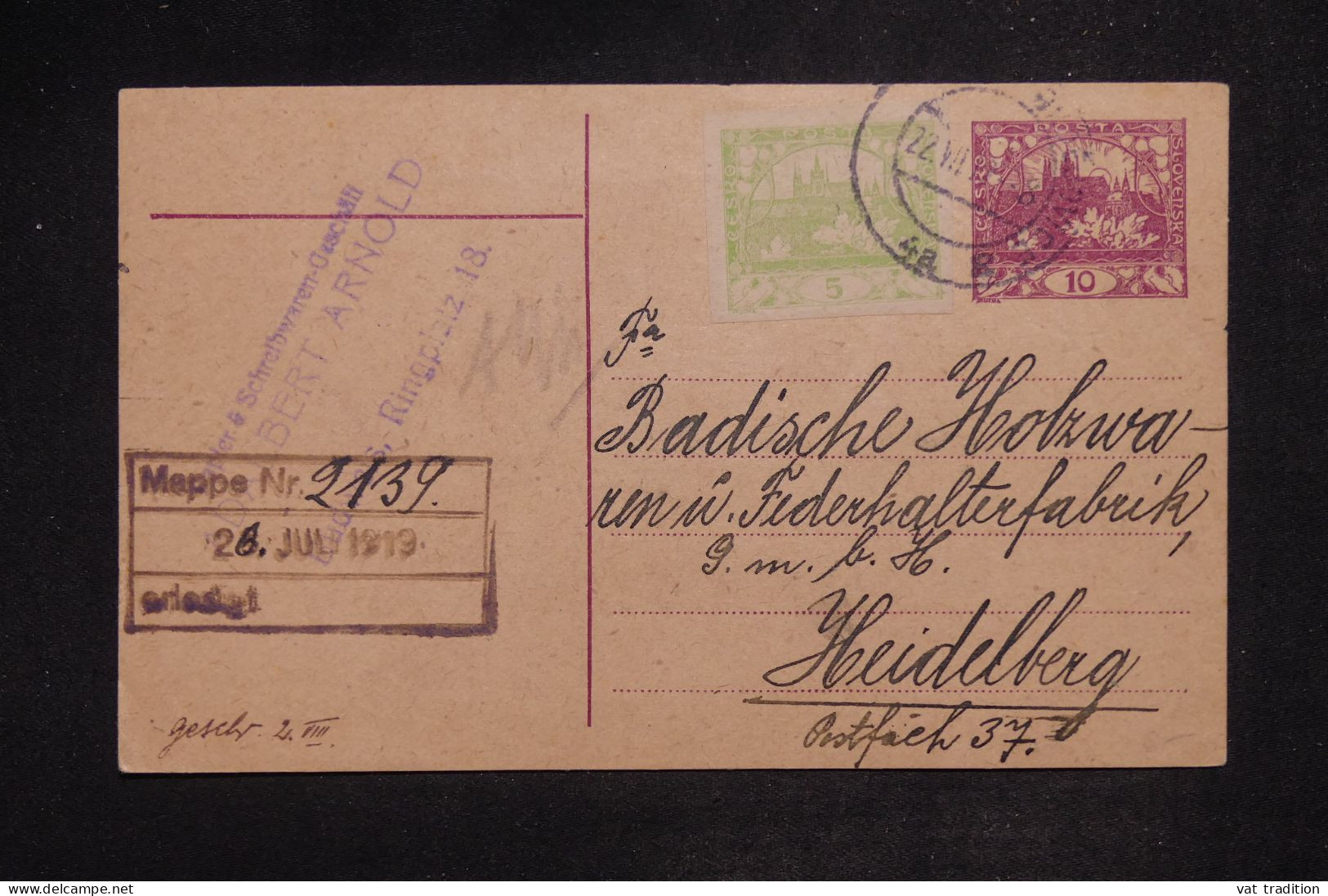 TCHECOSLOVAQUIE - Entier De 1922 Avec Complément > L'Allemagne - A 2770 - Covers & Documents