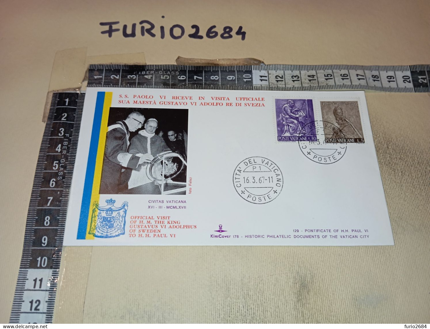 HB12568 FDC KIMCOVER TIMBRO ANNULLO CITTA' DEL VATICANO 1967 PAPA PAOLO VI RICEVE VISITA GUSTAVO VI RE DI SVEZIA - FDC