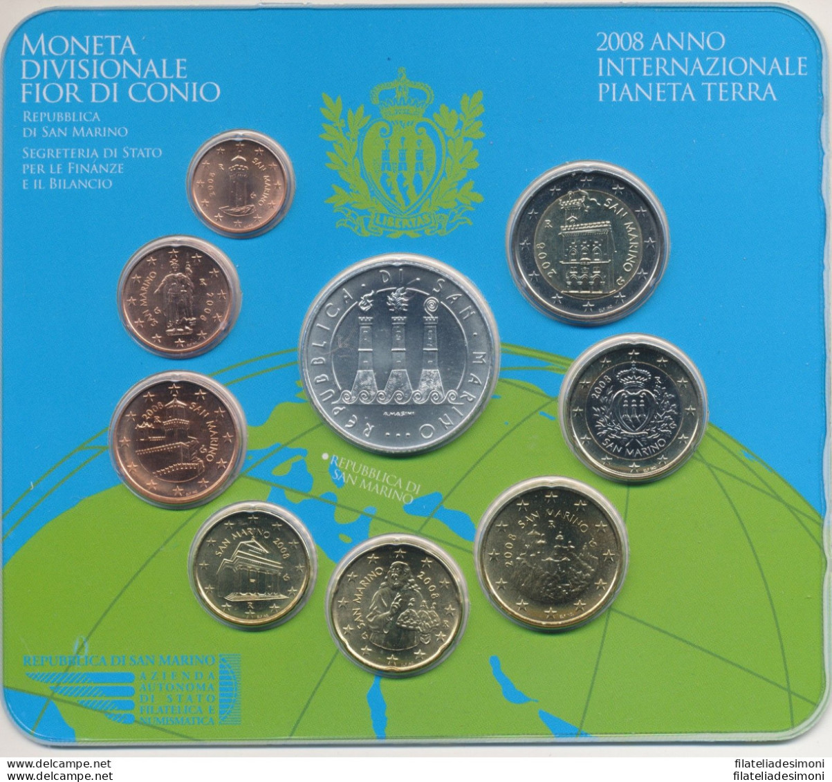 2008 San Marino, Divisionali Anno Internazionale Pianeta Terra 9 Valori Con Moneta In Argento Da 5 Euro FDC - Saint-Marin