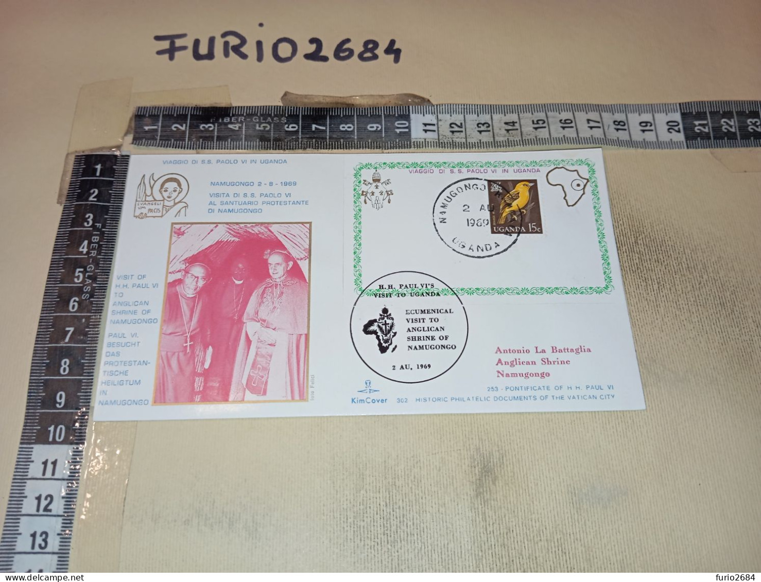 HB12585 FDC KIMCOVER TIMBRO ANNULLO CITTA' DEL VATICANO 1969 VIAGGIO PAPA PAOLO VI UGANDA - FDC