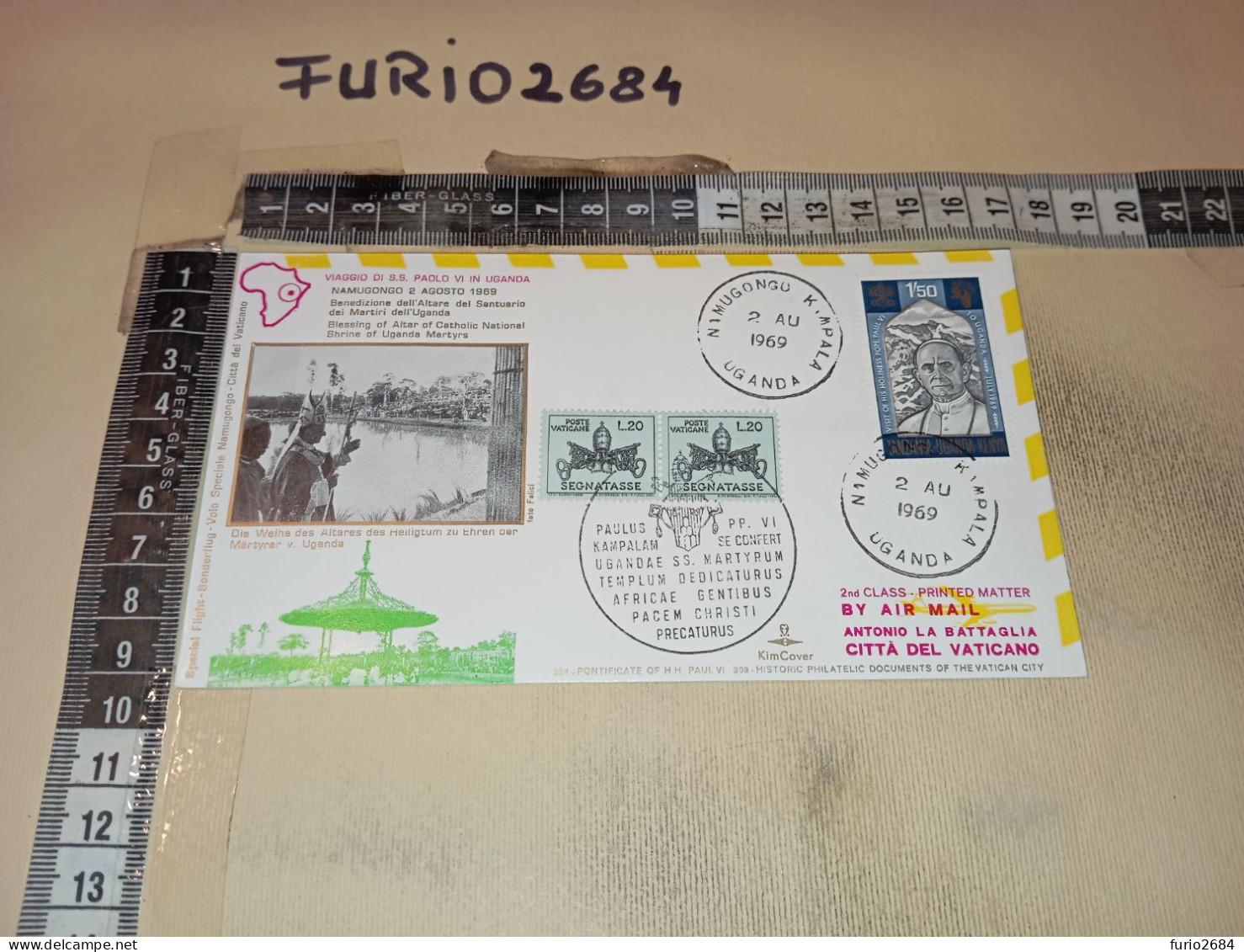 HB12586 FDC KIMCOVER TIMBRO ANNULLO CITTA' DEL VATICANO 1969 VIAGGIO PAPA PAOLO VI UGANDA - FDC