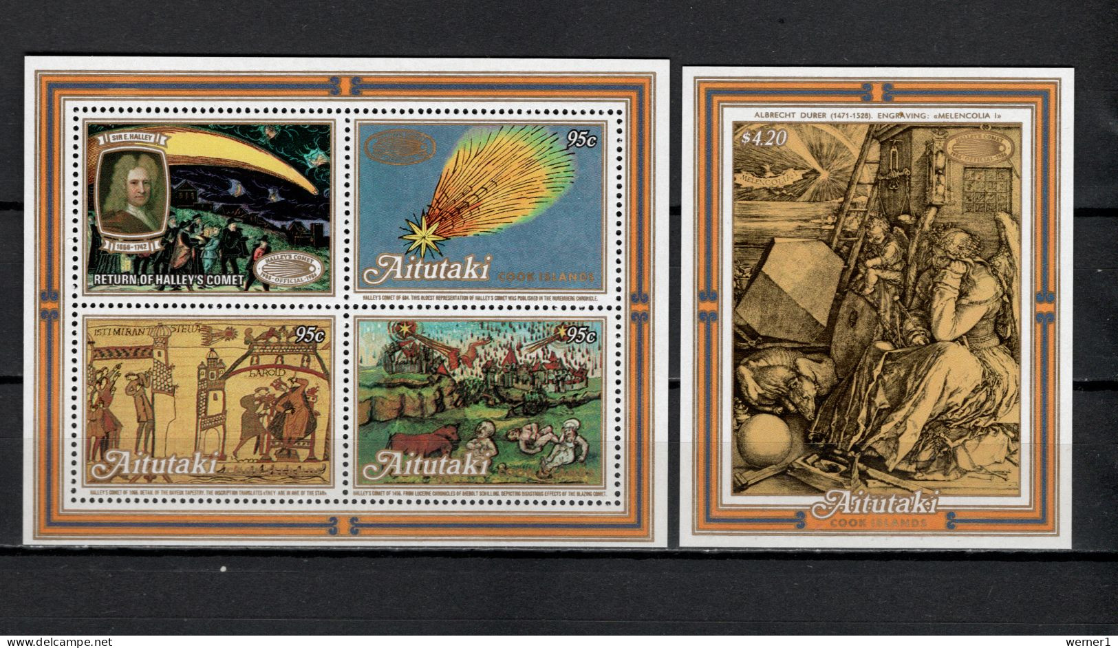 Aitutaki 1986 Space Halleys Comet, Paintings Dürer 2 S/s MNH - Oceanía