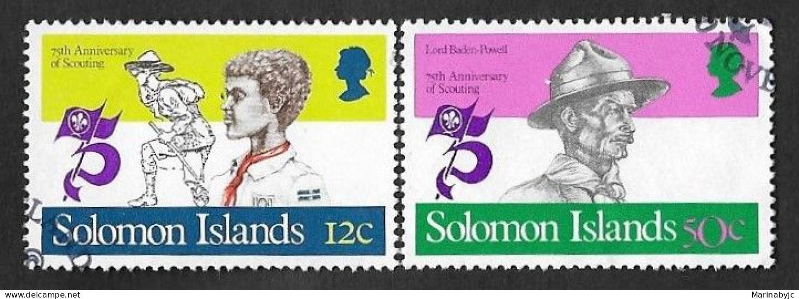 SD)1982 SOLOMON ISLANDS SHORT SERIES 75TH ANNIVERSARY OF SCOUTING, BOY IN BRIGADE AND BADEN POWELL, 2 USED STAMPS - Salomoninseln (Salomonen 1978-...)