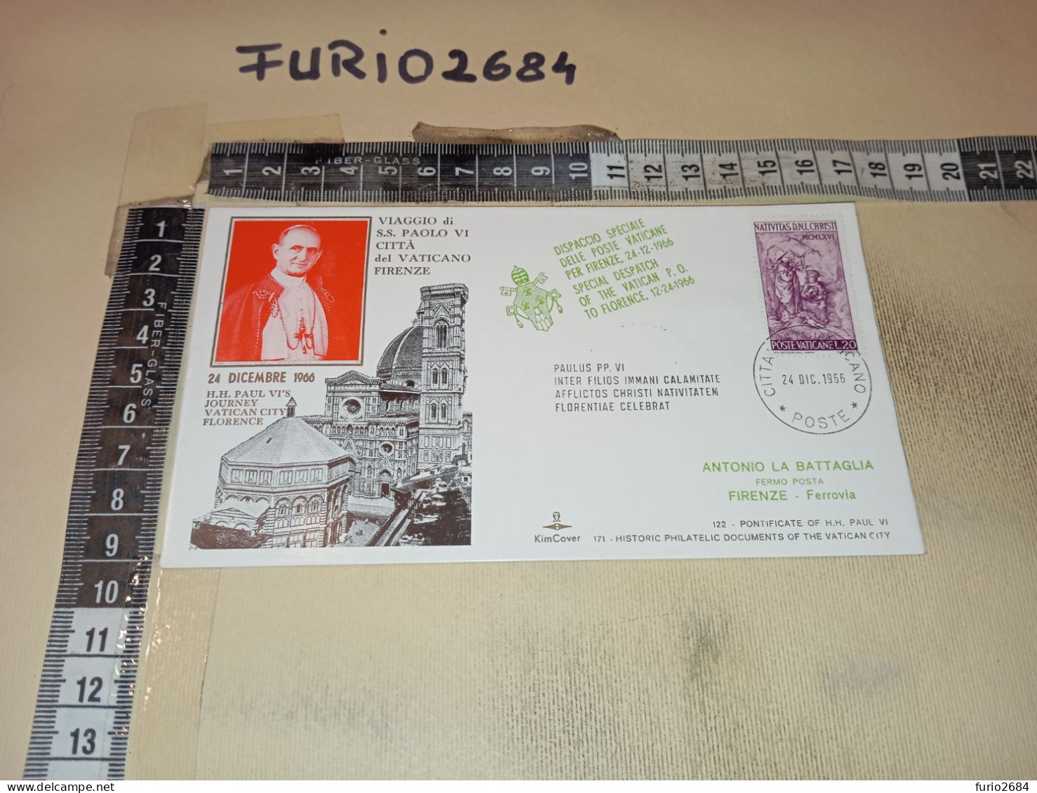 HB12595 FDC KIMCOVER TIMBRO ANNULLO CITTA DEL VATICANO VIAGGIO DI PAPA PAOLO VI A FIRENZE - FDC