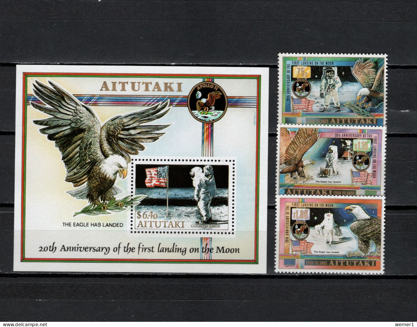 Aitutaki 1989 Space Apollo 11 Moonlanding 20th Anniversary Set Of 3 + S/s MNH - Oceania