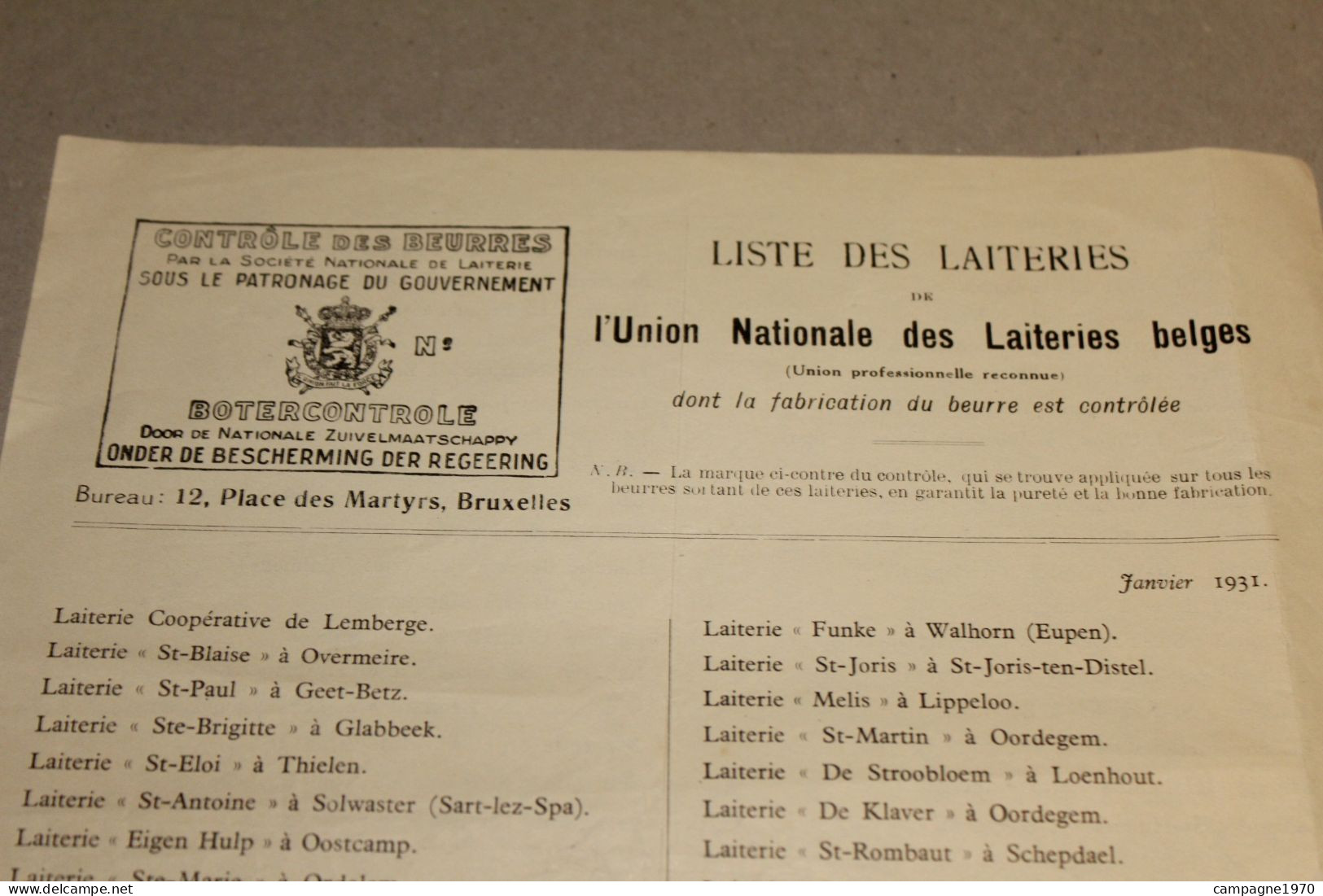 ANCIEN DOC - 1931 - LISTE DES LAITERIES DE L'UNION NATIONALE ( VLAANDEREN + WALLONIE ) - 1900 – 1949