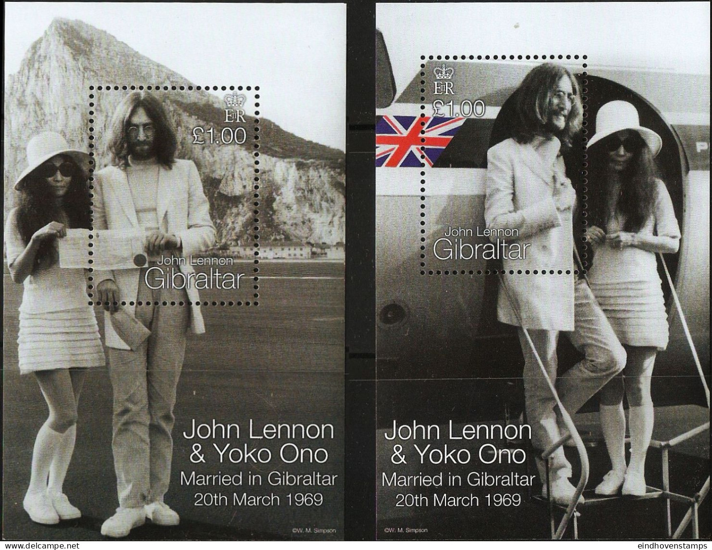 Gibraltar 1999, John Lennon And Yoko Ono, Marriage 2 Blocks MNH Beatles, Rock Of Gibraltar - Música