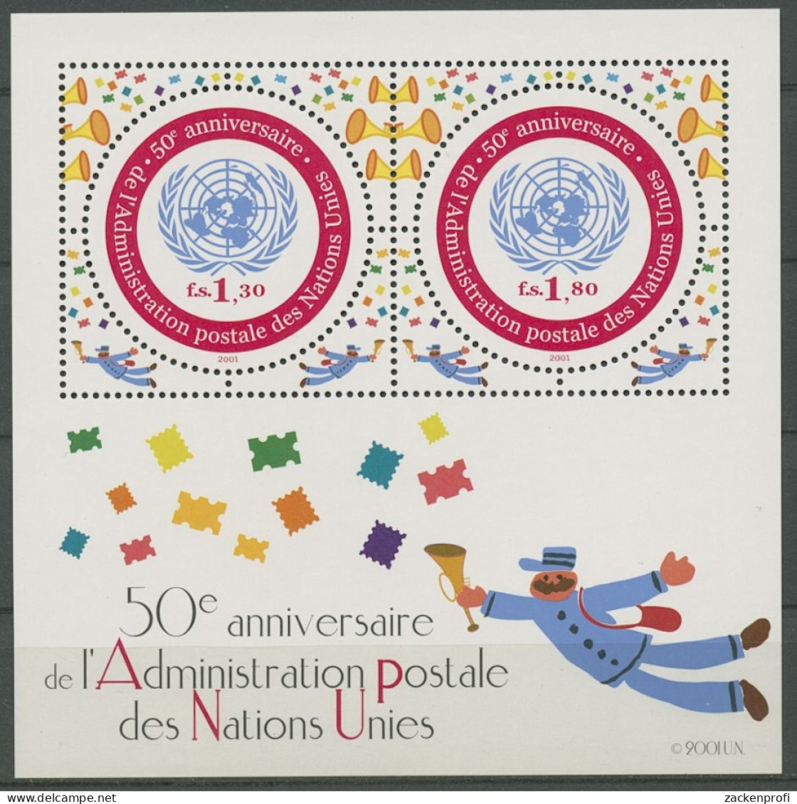 UNO Genf 2001 50 Jahre Postverwaltung UNPA Block 16 Postfrisch (C14037) - Blocks & Kleinbögen
