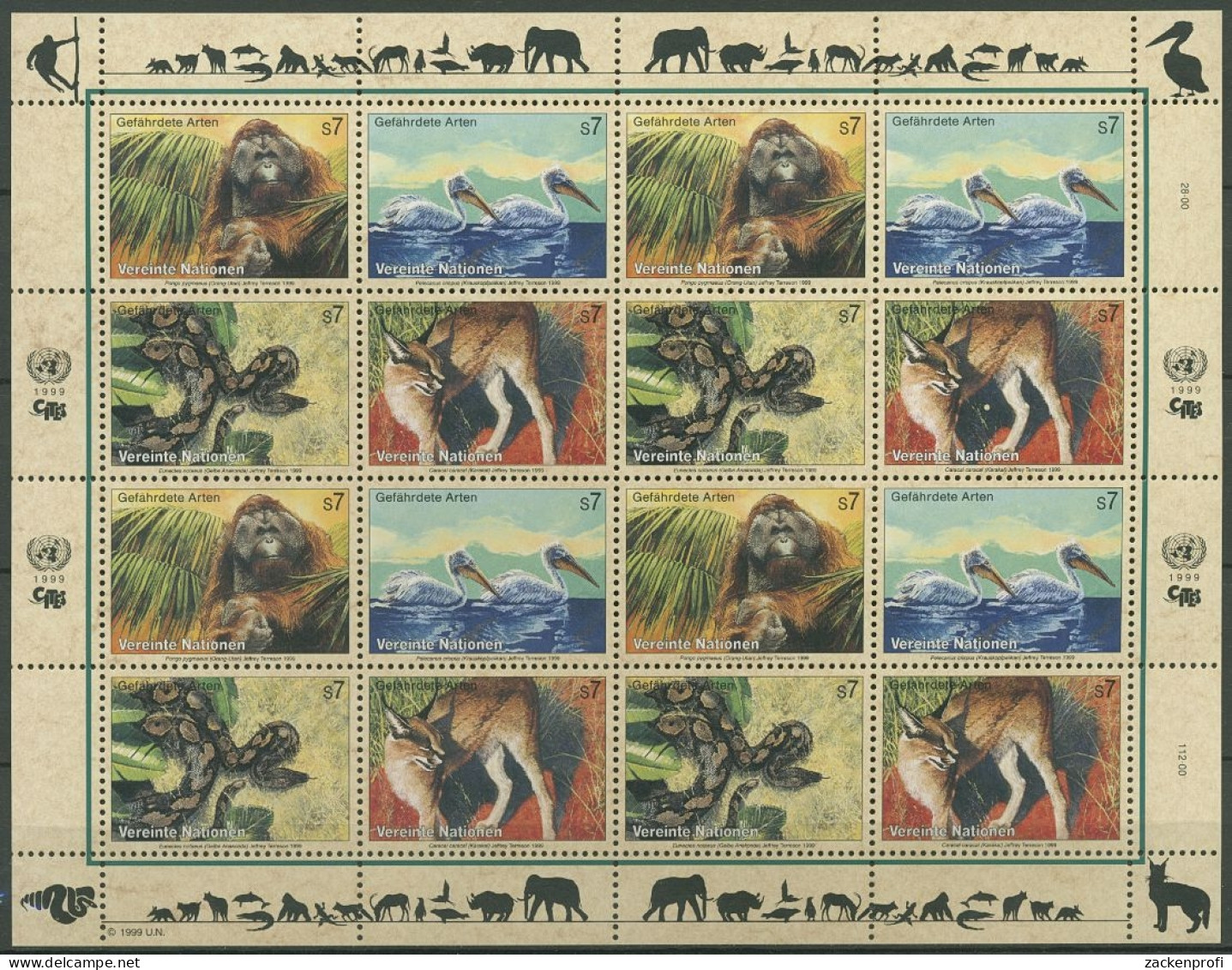 UNO Wien 1999 Gefährdete Arten: Tiere 287/90 ZD-Bogen Postfrisch (C14197) - Blocs-feuillets