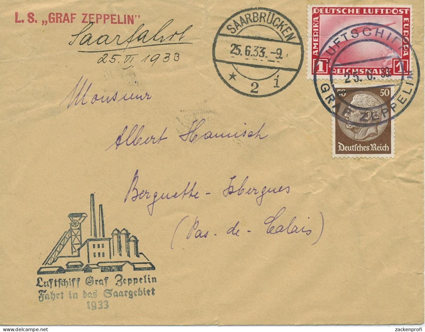 Zeppelin LZ 127 Saargebietsfahrt 1933 Bordpost, Beförderungsspuren (X17018) - Luchtpost & Zeppelin