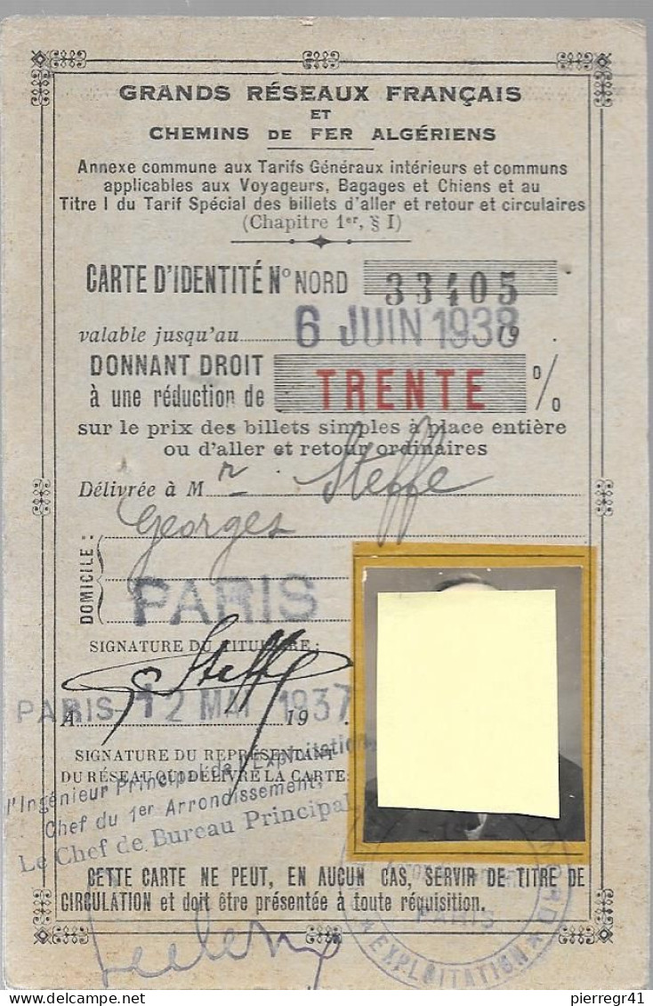 CARTE D IDENTITE 1937_GRANDS RESEAUX FRANCAIS Et CHEMINS De FER ALGERIENS-TBE/RARE - Autres & Non Classés