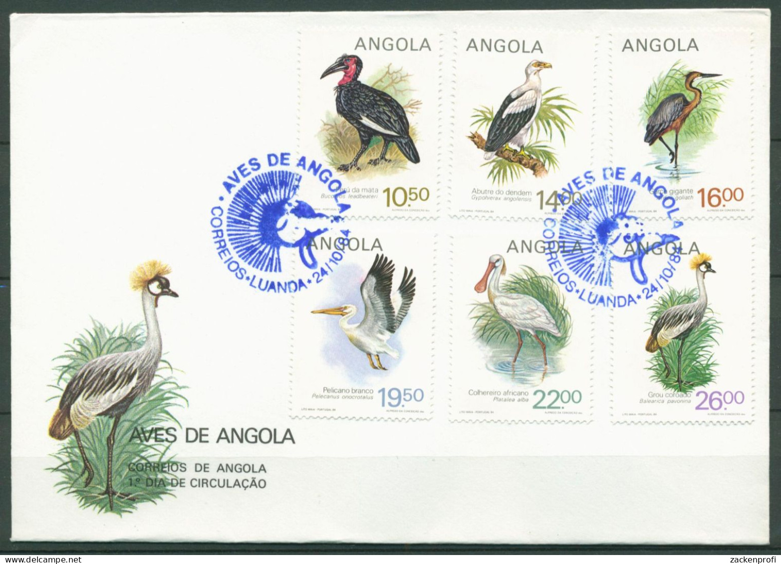 Angola 1984 Vögel Pelikan Seeadler Hornrabe Löffler 701/06 FDC (X60977) - Angola