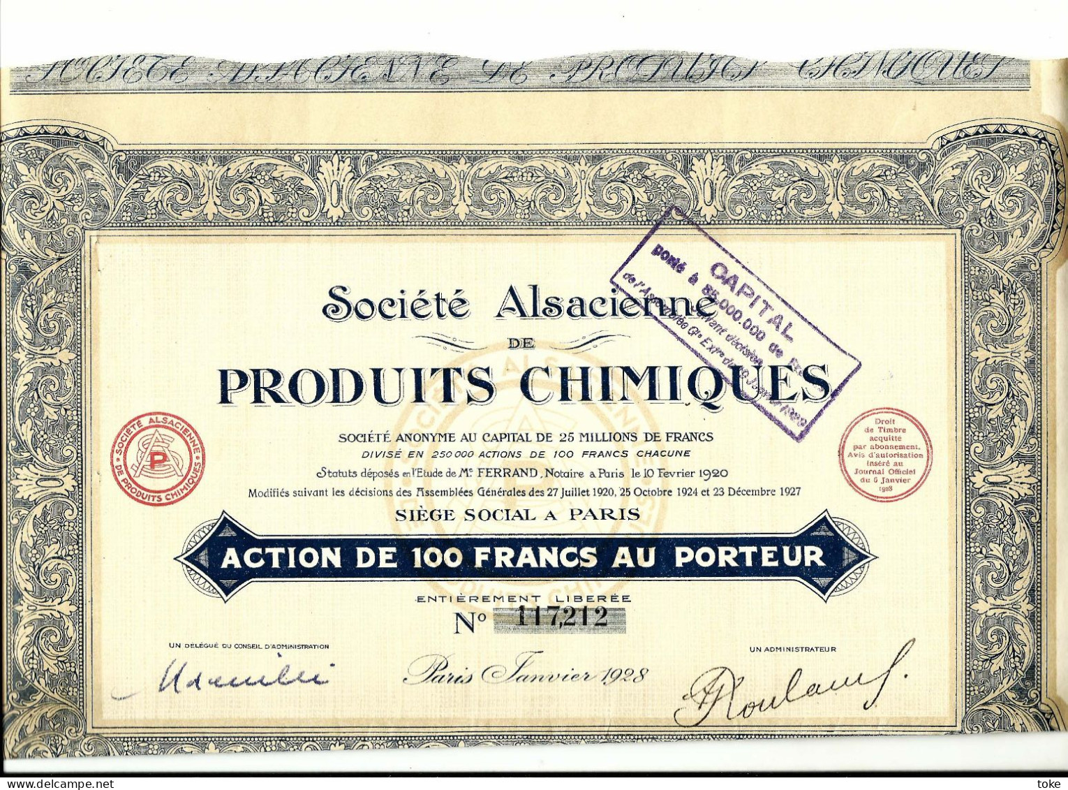 LOT De 19 ACTIONS De 100 Frs SOCIETE ALSACIENNE De PRODUITS CHIMIQUES Année 1928 - Industrial