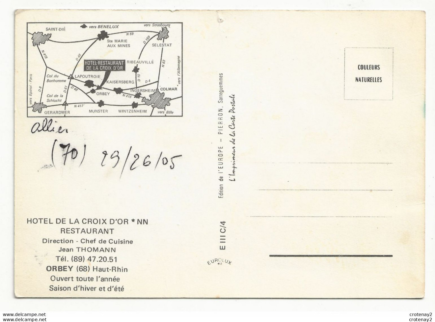 68 ORBEY Hôtel De La CROIX D'OR Restaurant Chef De Cuisine Jean THOMANN Citroën Ami 6 & 8 VOIR Plan De Situation Au Dos - Orbey