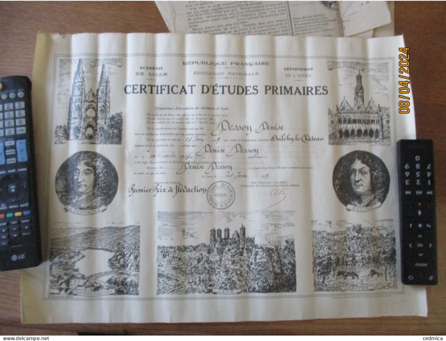 CERTIFICAT D'ETUDES PRIMAIRES DESSOY DENISE NE LE 29 OCTOBRE 1924 COMMISSION D'OULCHY LE CHATEAU LE 14 JUIN 1939 - Diplômes & Bulletins Scolaires