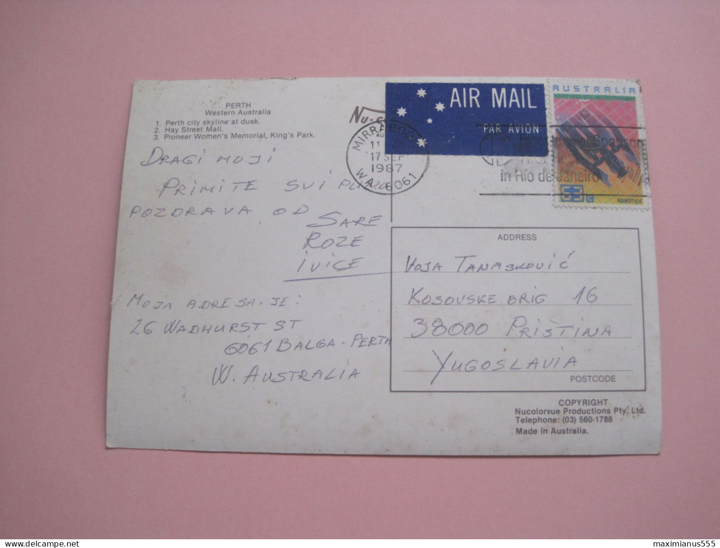 Australia Postcard To Yugoslavia 1987 - Other & Unclassified