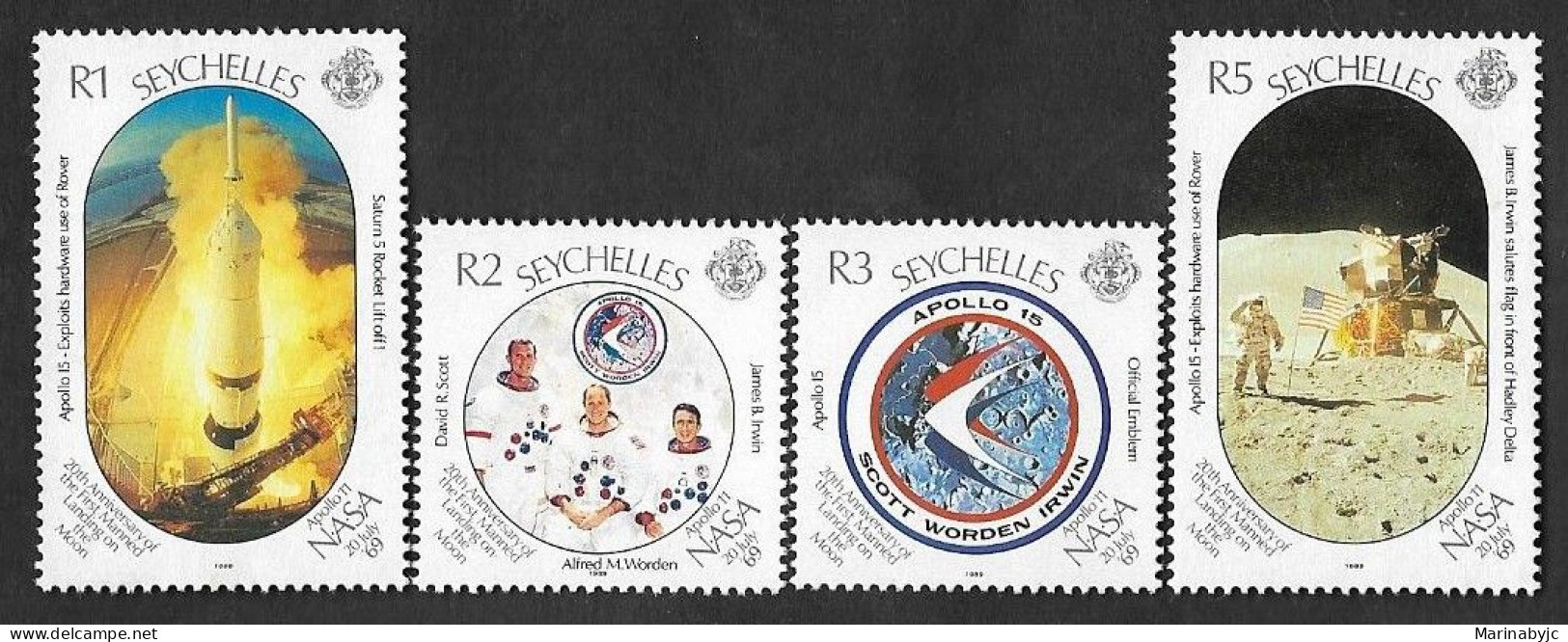 SD)1989 SEYCHELLES COMPLETE SPACE SERIES, 20TH ANNIVERSARY OF MAN'S ARRIVAL ON THE MOON, 4 STAMPS MNH - Seychelles (1976-...)