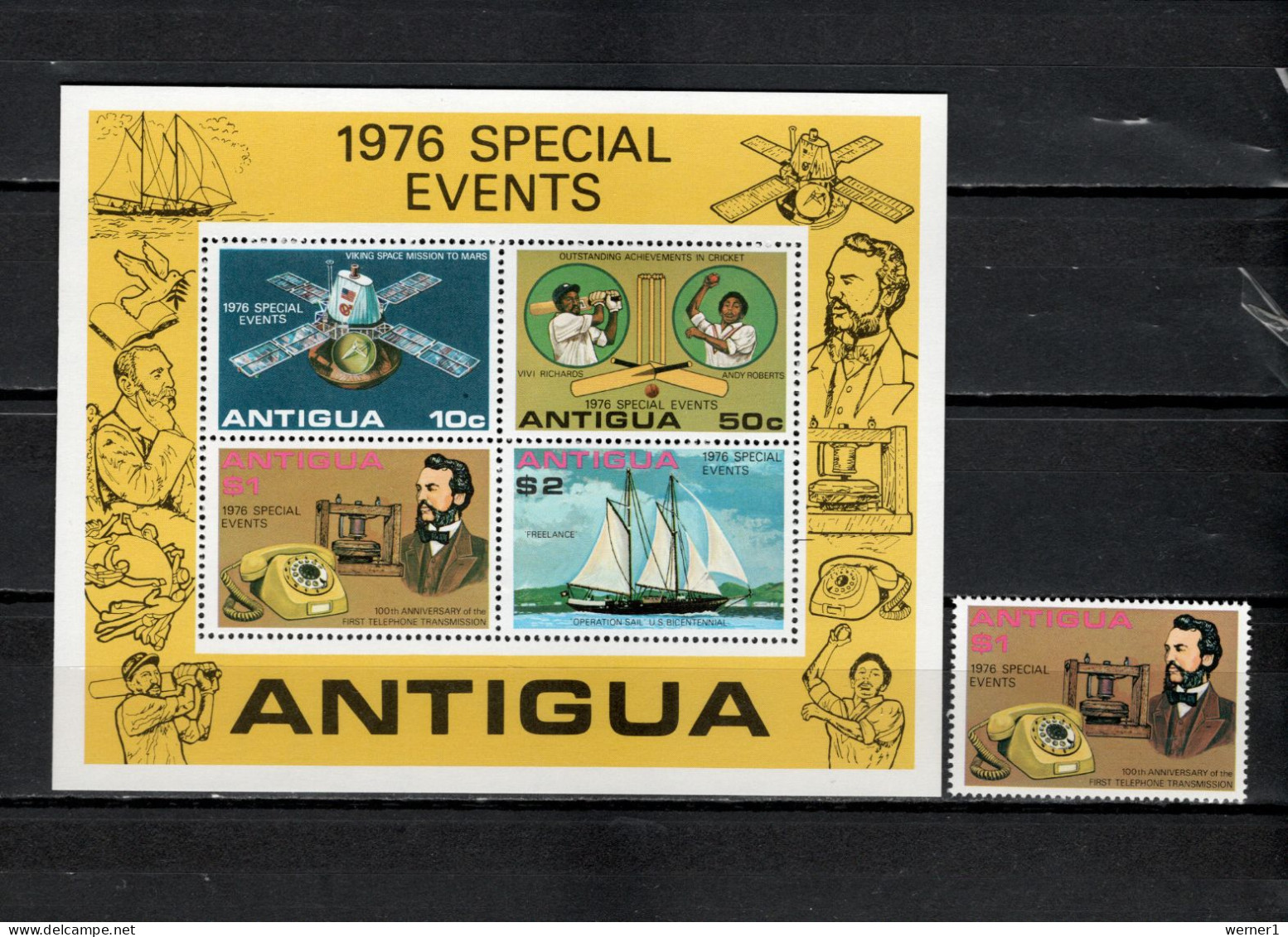 Antigua 1976 Space, Telephone Centenary, Special Events Stamp + S/s MNH - América Del Norte