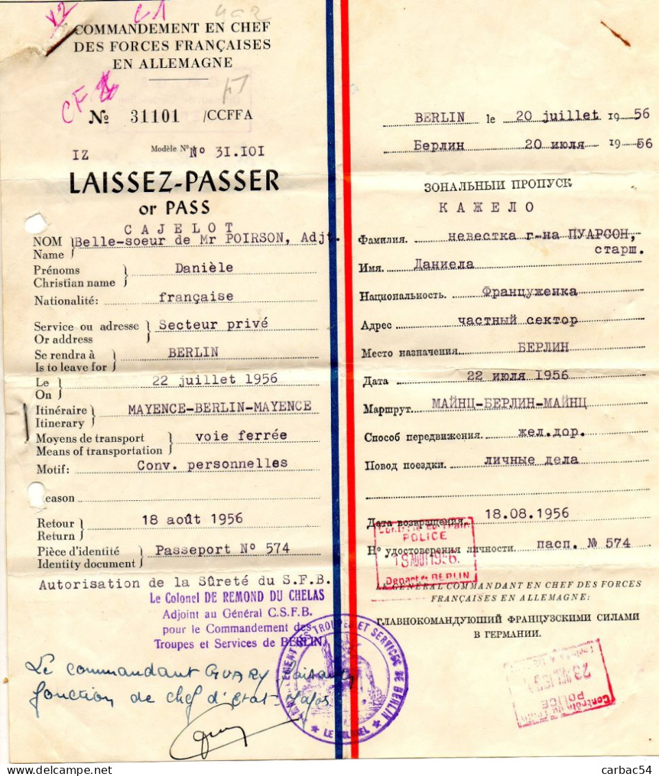 Train Laissez-passer  Berlin 1956 - Otros & Sin Clasificación