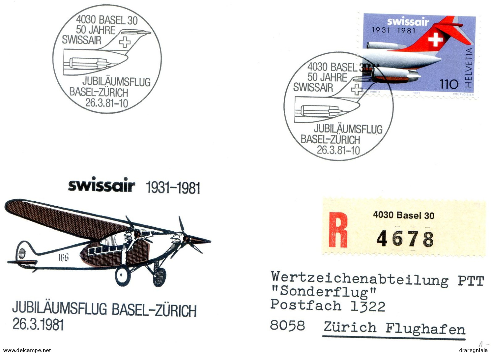 Jubiläumsflug Basel Zürich 26 3 1981 - Swissair - Timbre 653 - Altri & Non Classificati