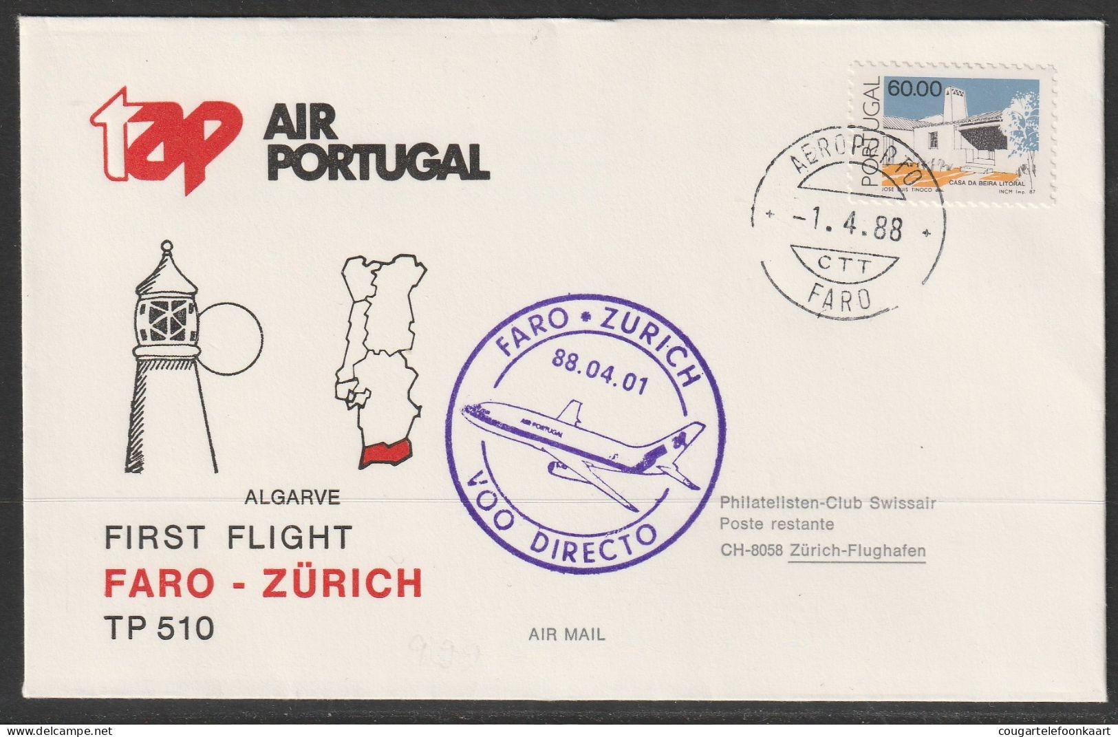 1988, TAP, Erstflug, Faro Portugal - Zürich - Cartas & Documentos